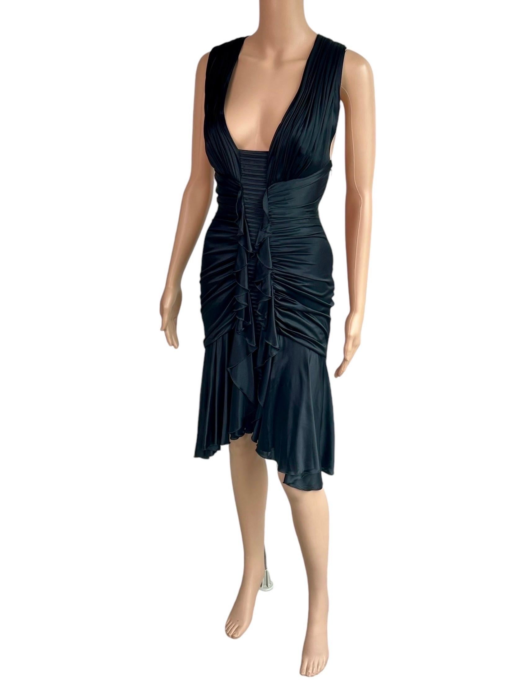 Versace F/W 2006 Plunging Ruched Ruffles Black Dress For Sale 10