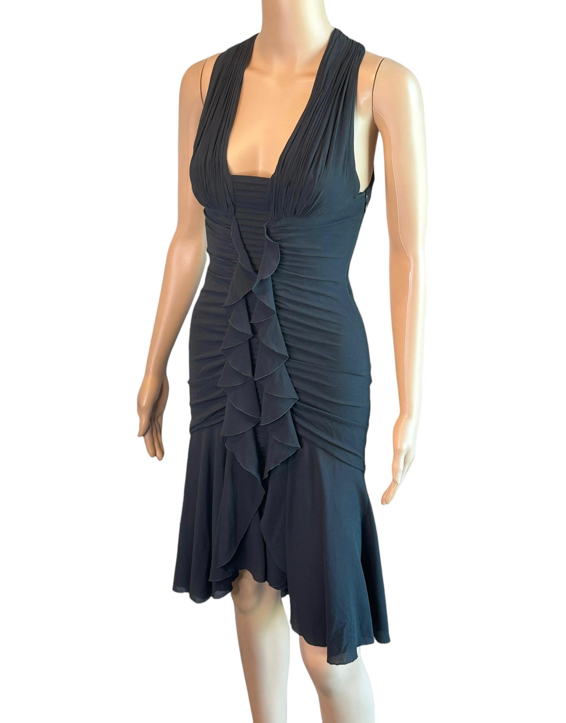 Women's Versace F/W 2006 Plunging Ruched Ruffles Black Dress For Sale