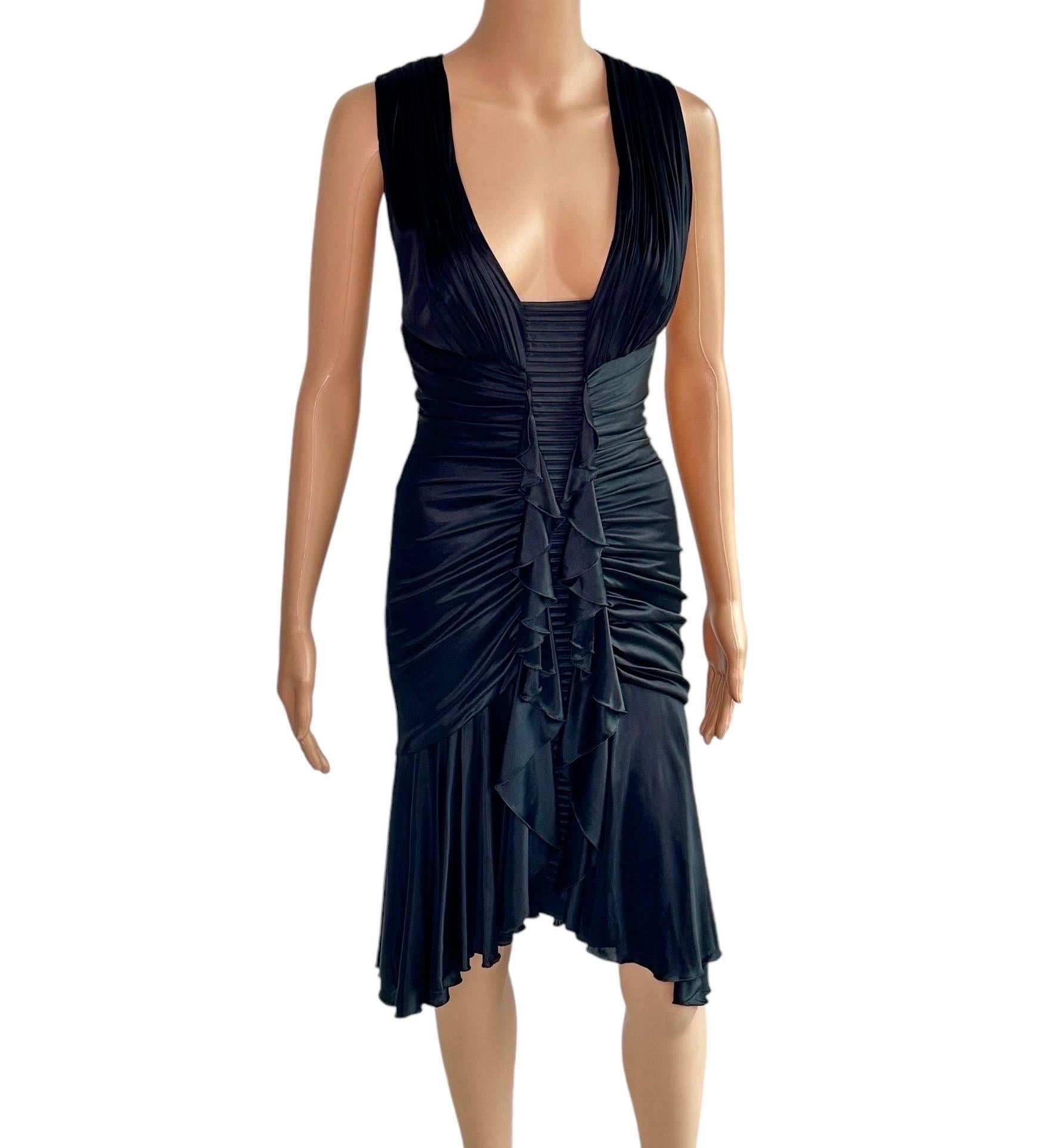 Versace F/W 2006 Plunging Ruched Ruffles Black Dress For Sale 3