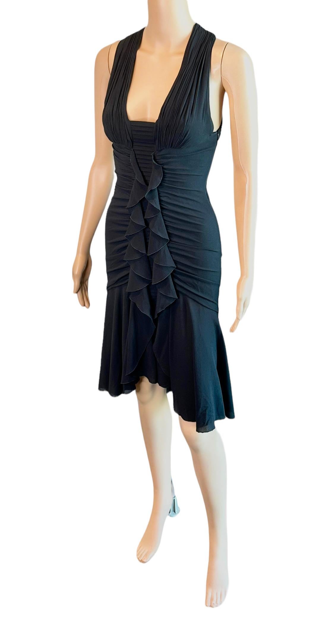 Versace F/W 2006 Plunging Ruched Ruffles Black Dress For Sale 4