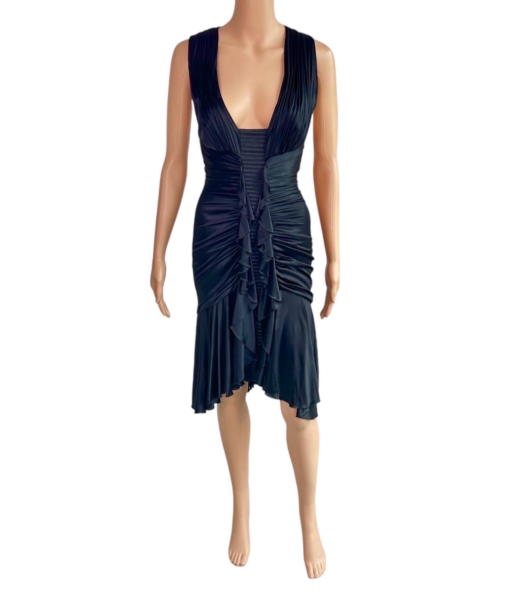 Versace F/W 2006 Plunging Ruched Ruffles Black Dress For Sale 5