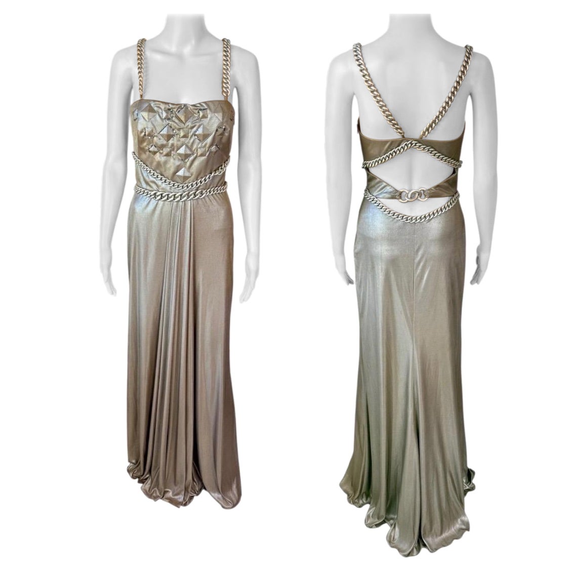 Versace F/W 2007 Runway Campaign Chains Liquid Look Metallic Evening Dress Gown en vente