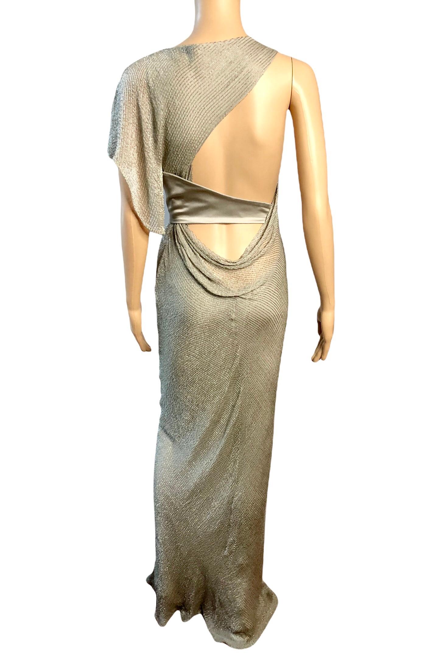 Beige Versace F/W 2009 Runway Embellished Cutout Belted Silk Evening Dress Gown 