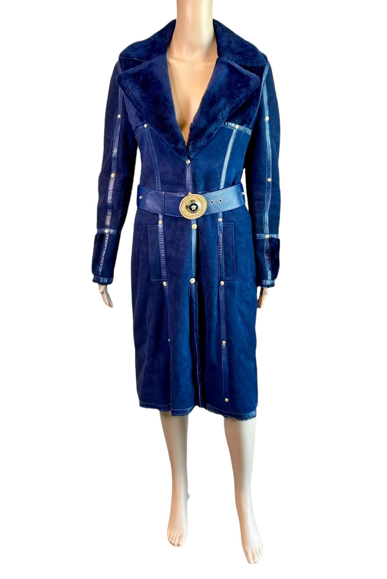 Versace F/W 2011 Shearling Leather Medusa Logo Belted Knee-Length Jacket Coat In Good Condition For Sale In Naples, FL