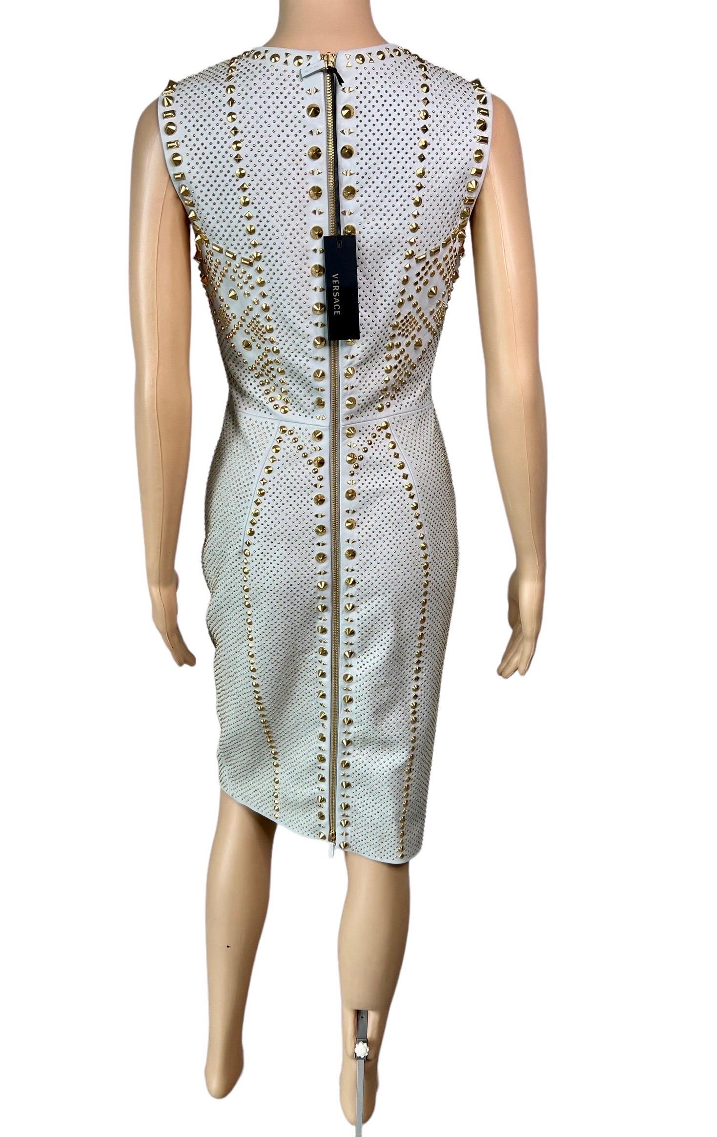 Gray Versace S/S 2012 Runway Unworn Embellished Gold Studded Leather Dress  For Sale