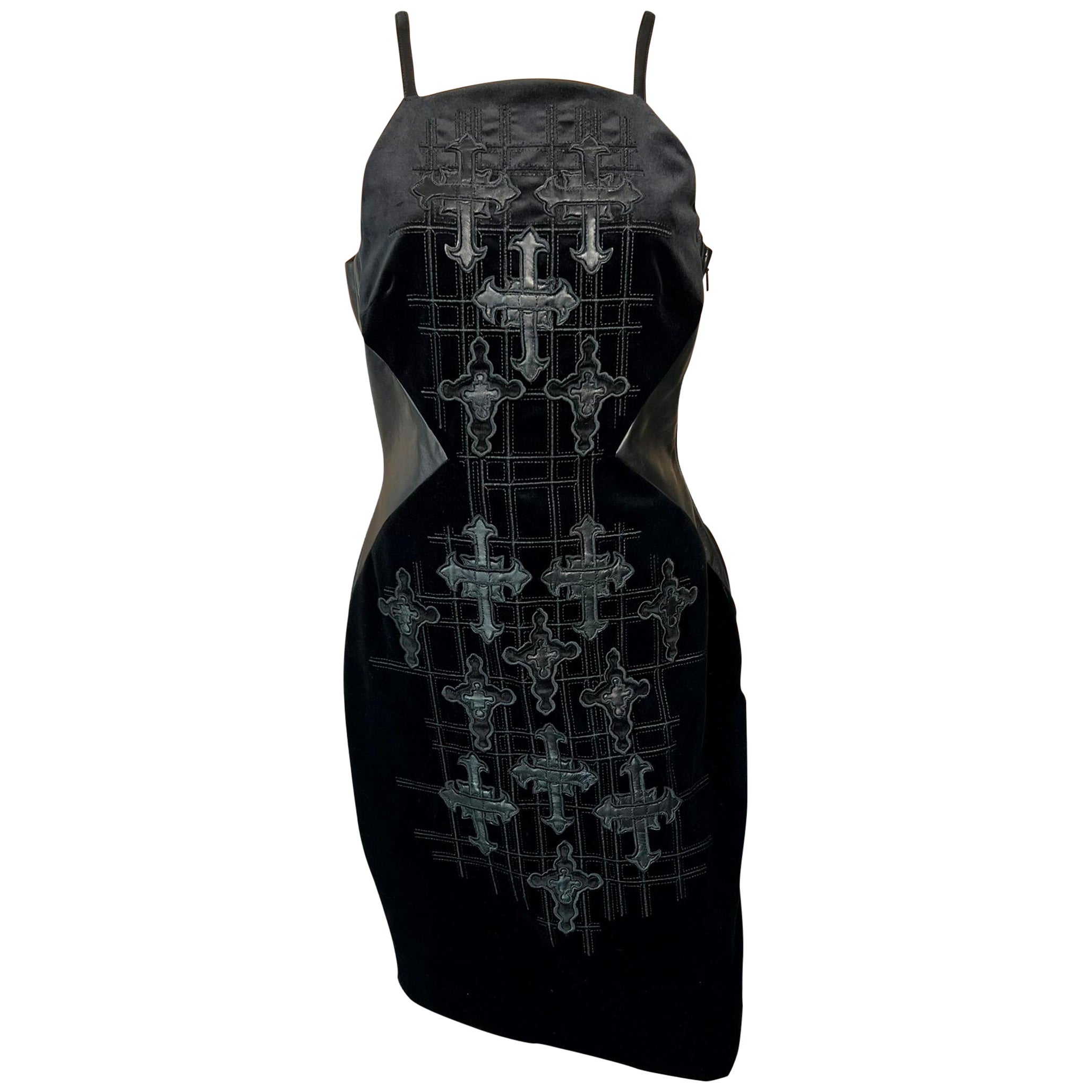 Versace F/W 2012 Runway Unworn Gothic Cross Embroidered Leather Velvet Dress In New Condition In Naples, FL