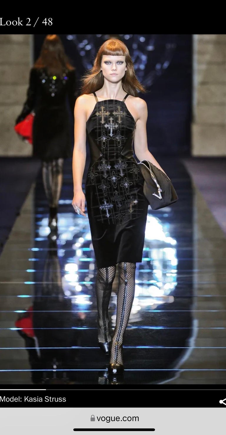 Versace F/W 2012 Runway Unworn Gothic Cross Embroidered Leather Velvet Dress  For Sale at 1stDibs