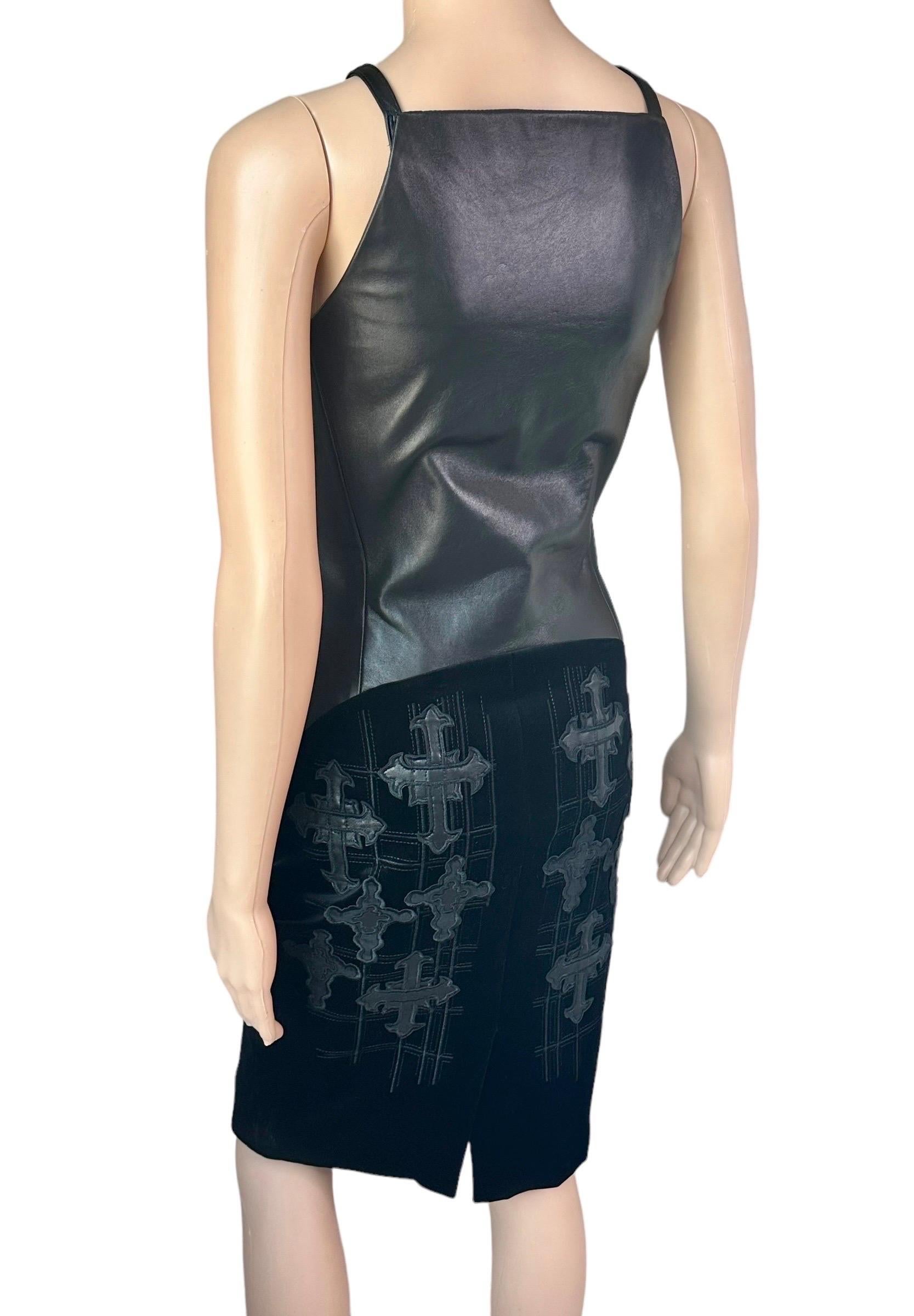 Versace F/W 2012 Runway Unworn Gothic Cross Embroidered Leather Velvet Dress 4