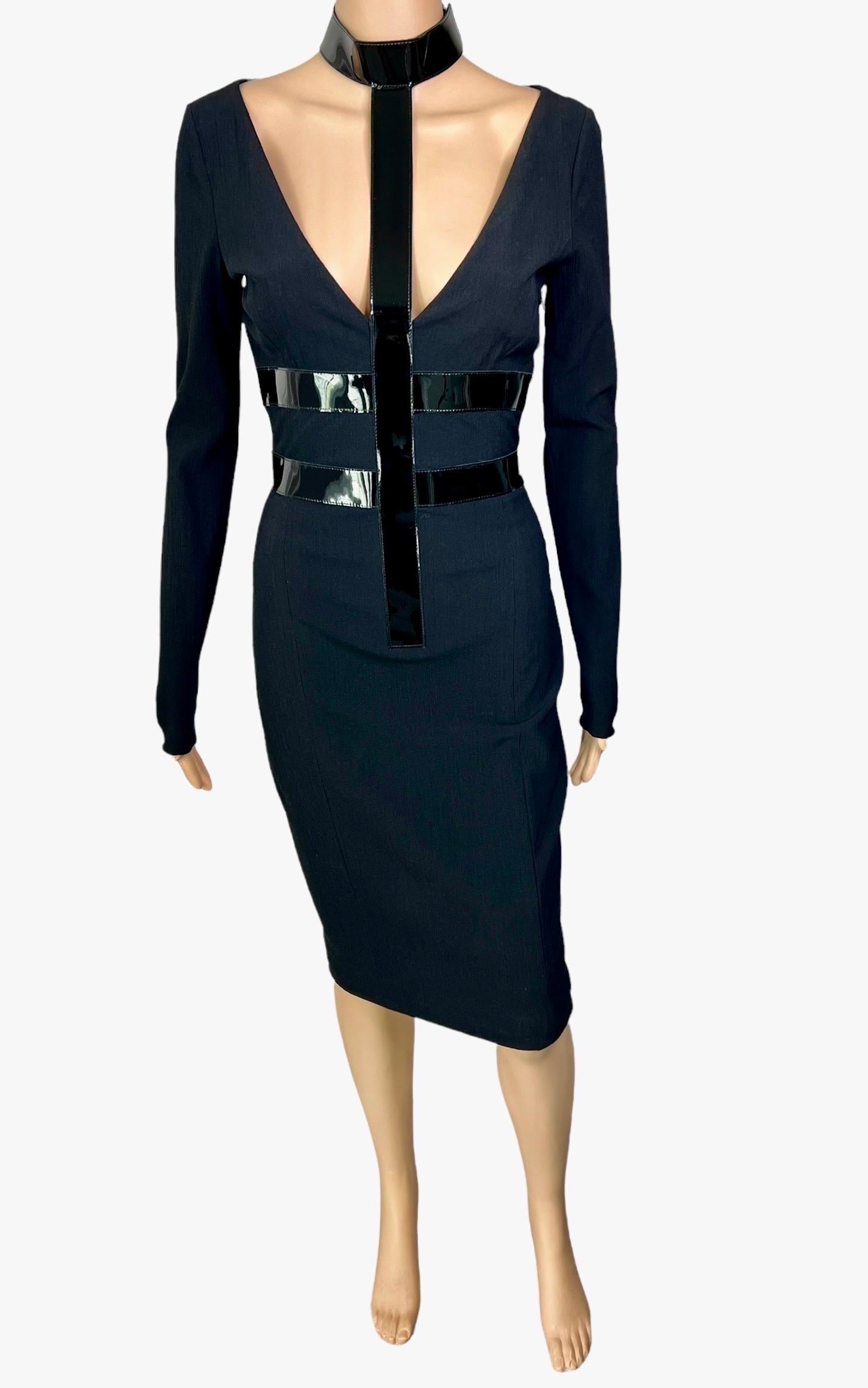 Versace F/W 2013 Bondage Vinyl Collar Plunged Cutout Black Dress Size IT 38

