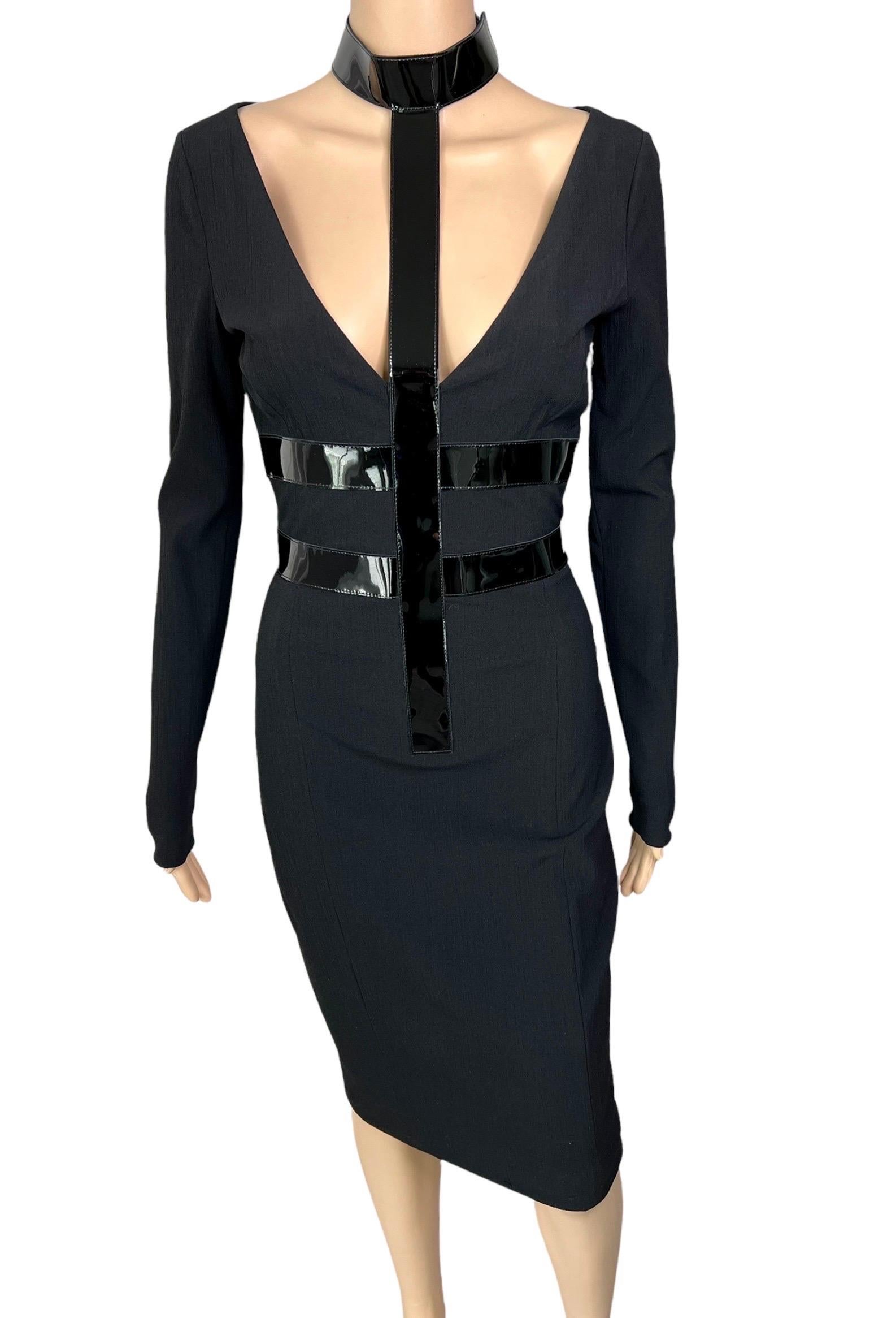 Women's Versace F/W 2013 Bondage Vinyl Collar Plunged Cutout Black Dress For Sale