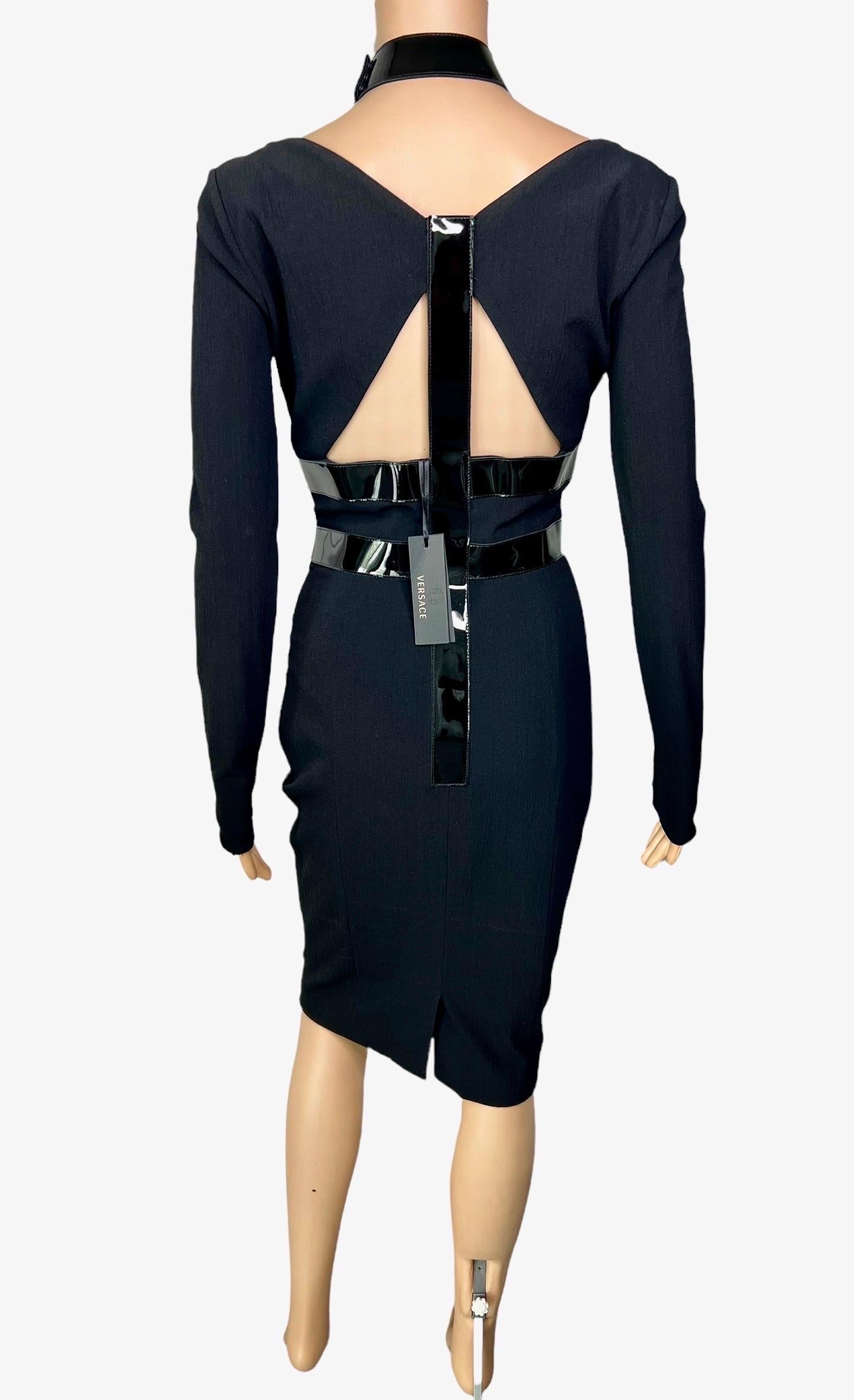Versace F/W 2013 Bondage Vinyl Collar Plunged Cutout Black Dress For Sale 1