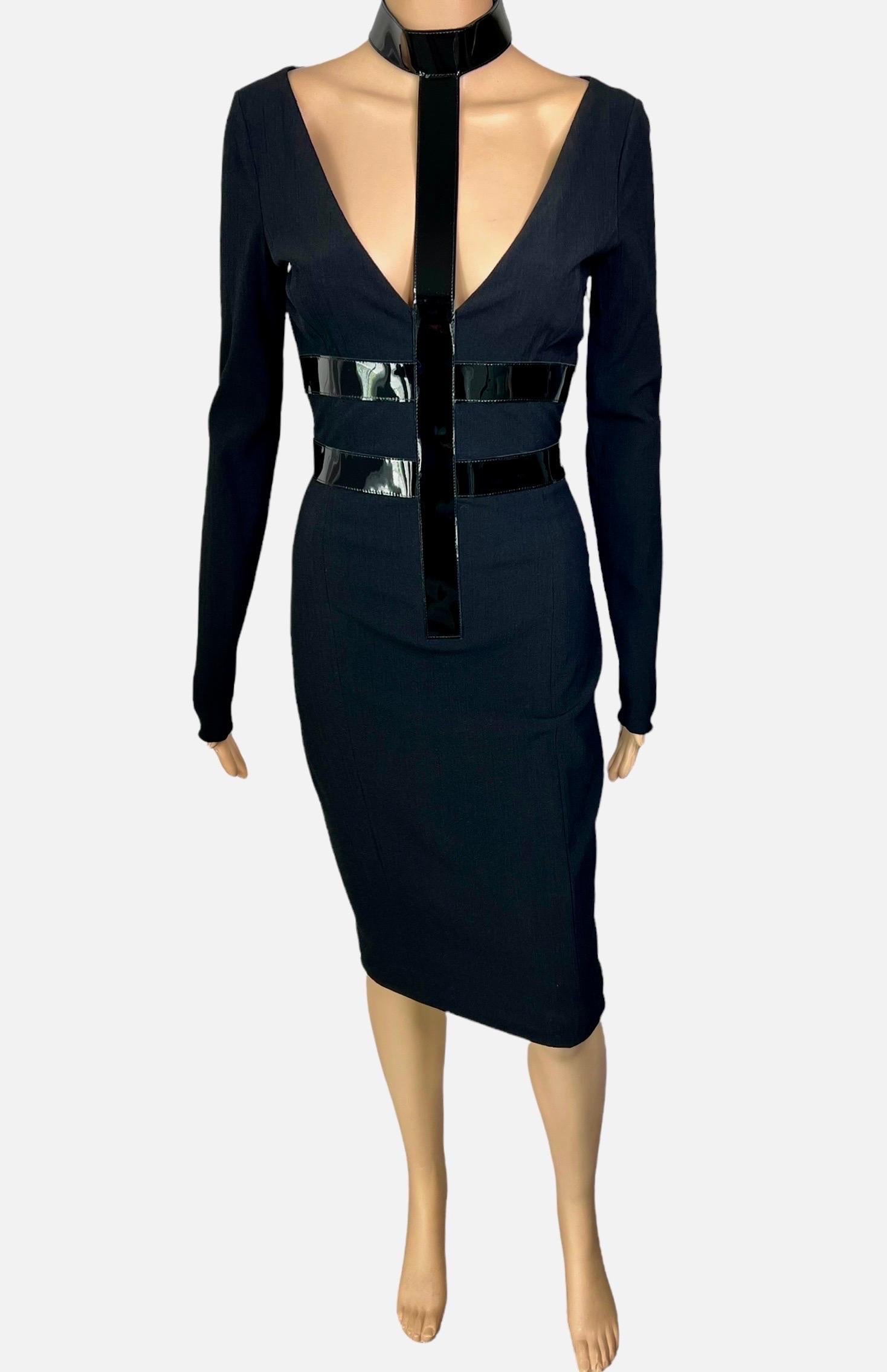 Versace F/W 2013 Bondage Vinyl Collar Plunged Cutout Black Dress For Sale 2