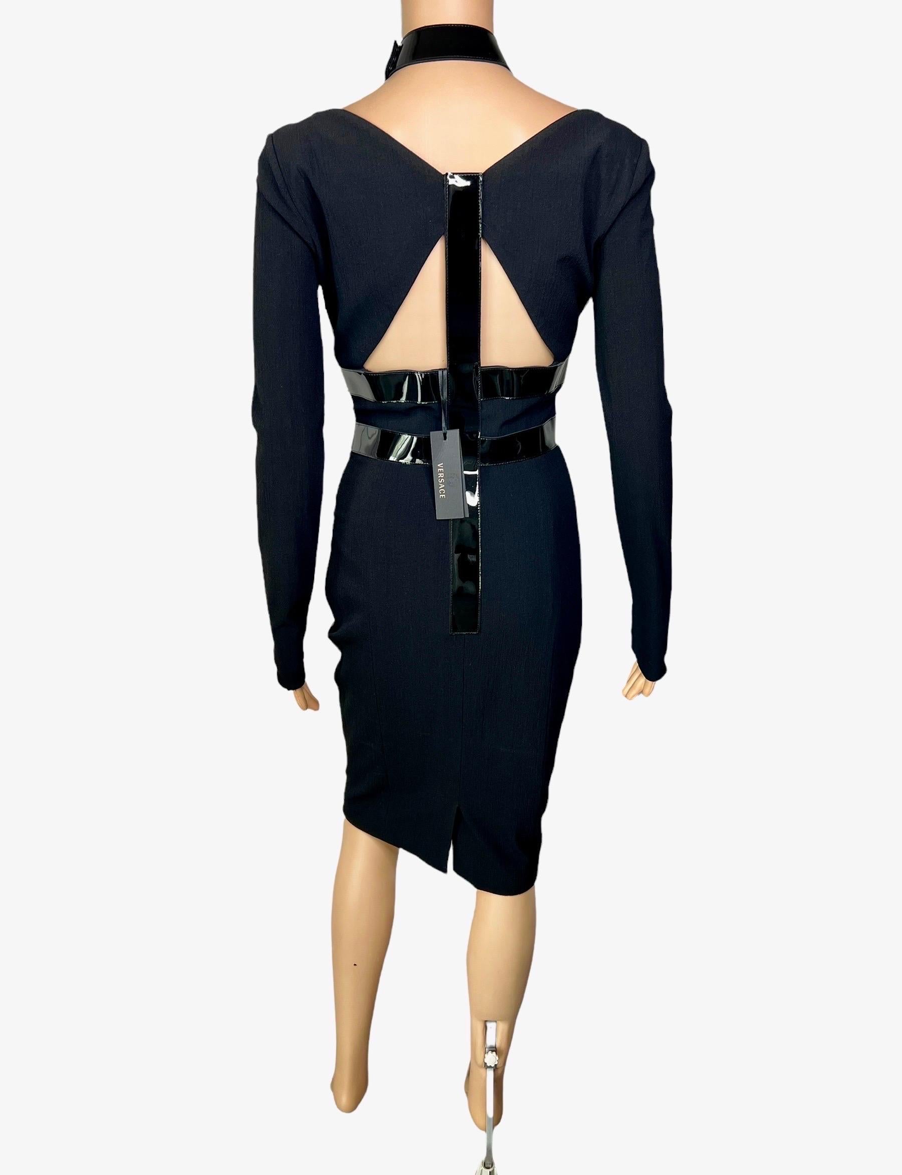 Versace F/W 2013 Bondage Vinyl Collar Plunged Cutout Black Dress For Sale 3