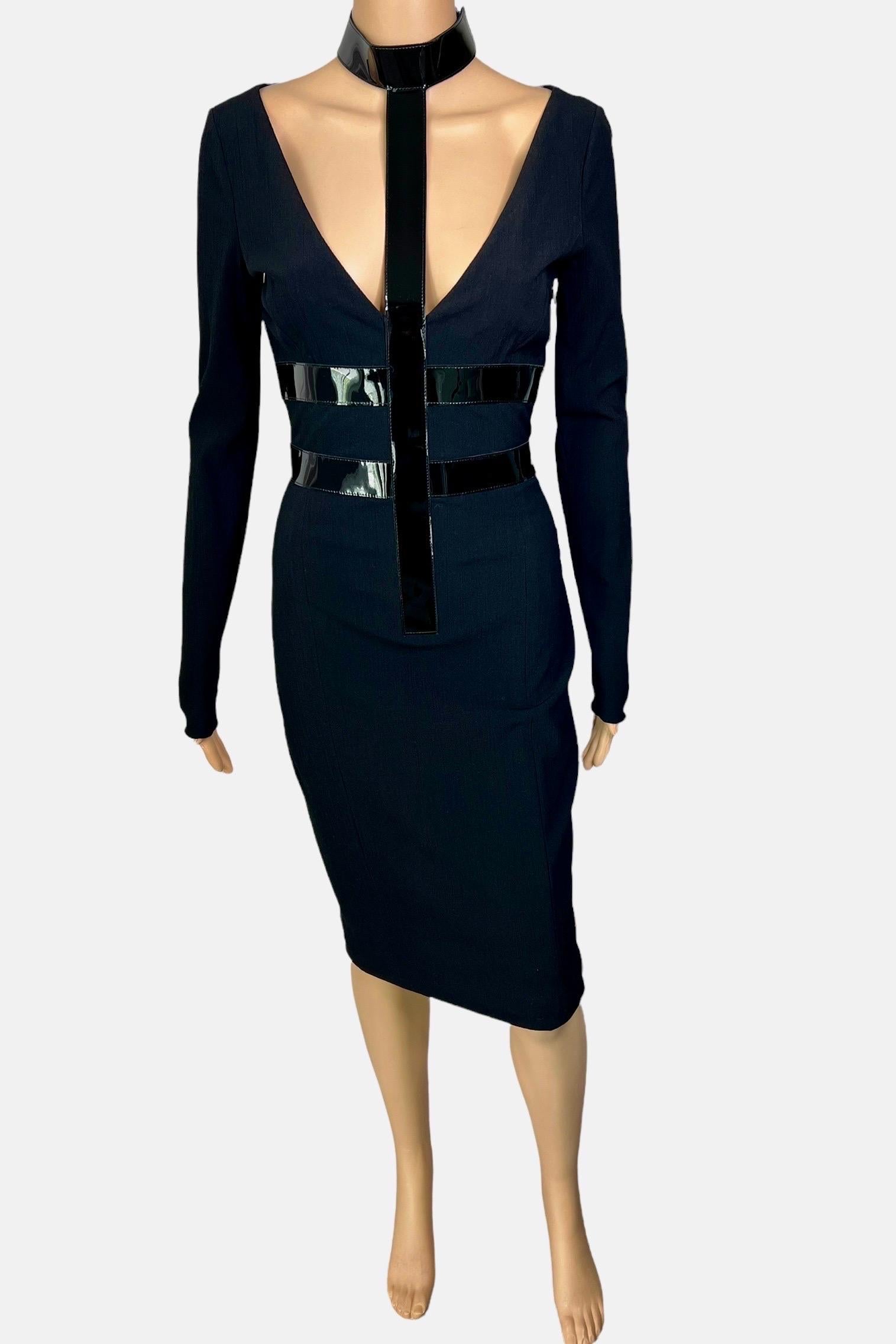 Versace F/W 2013 Bondage Vinyl Collar Plunged Cutout Black Dress For Sale 4