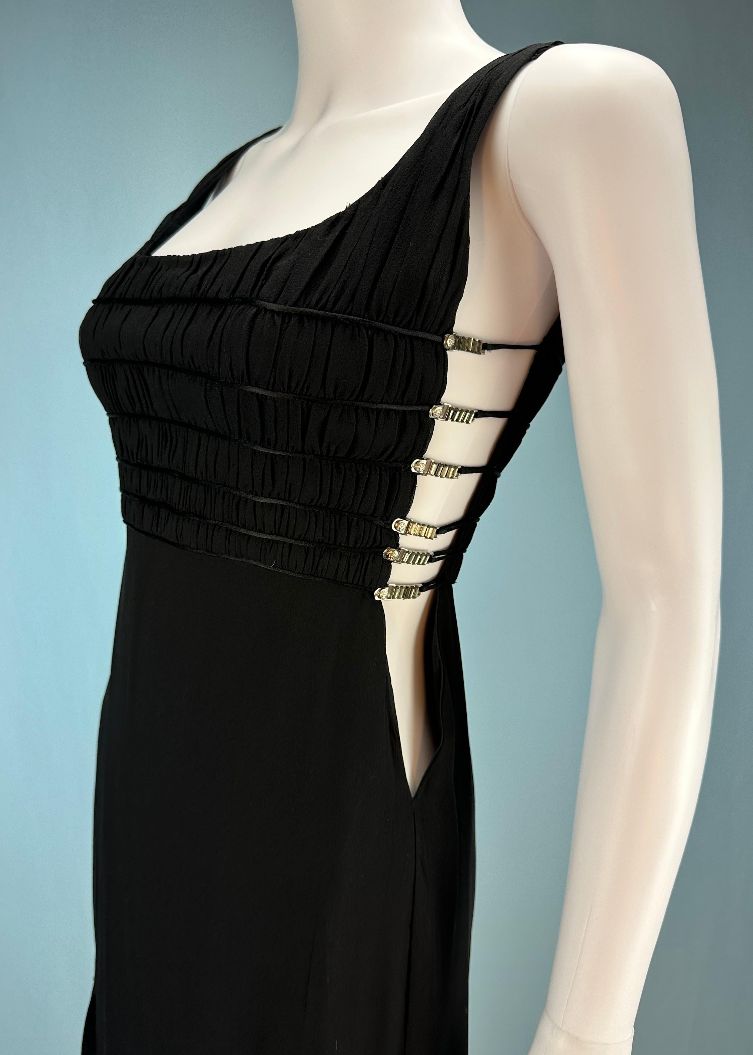 Women's Versace Fall 1998 Runway Black Grecian Style Medusa Crystal Open Side Gown Dress For Sale