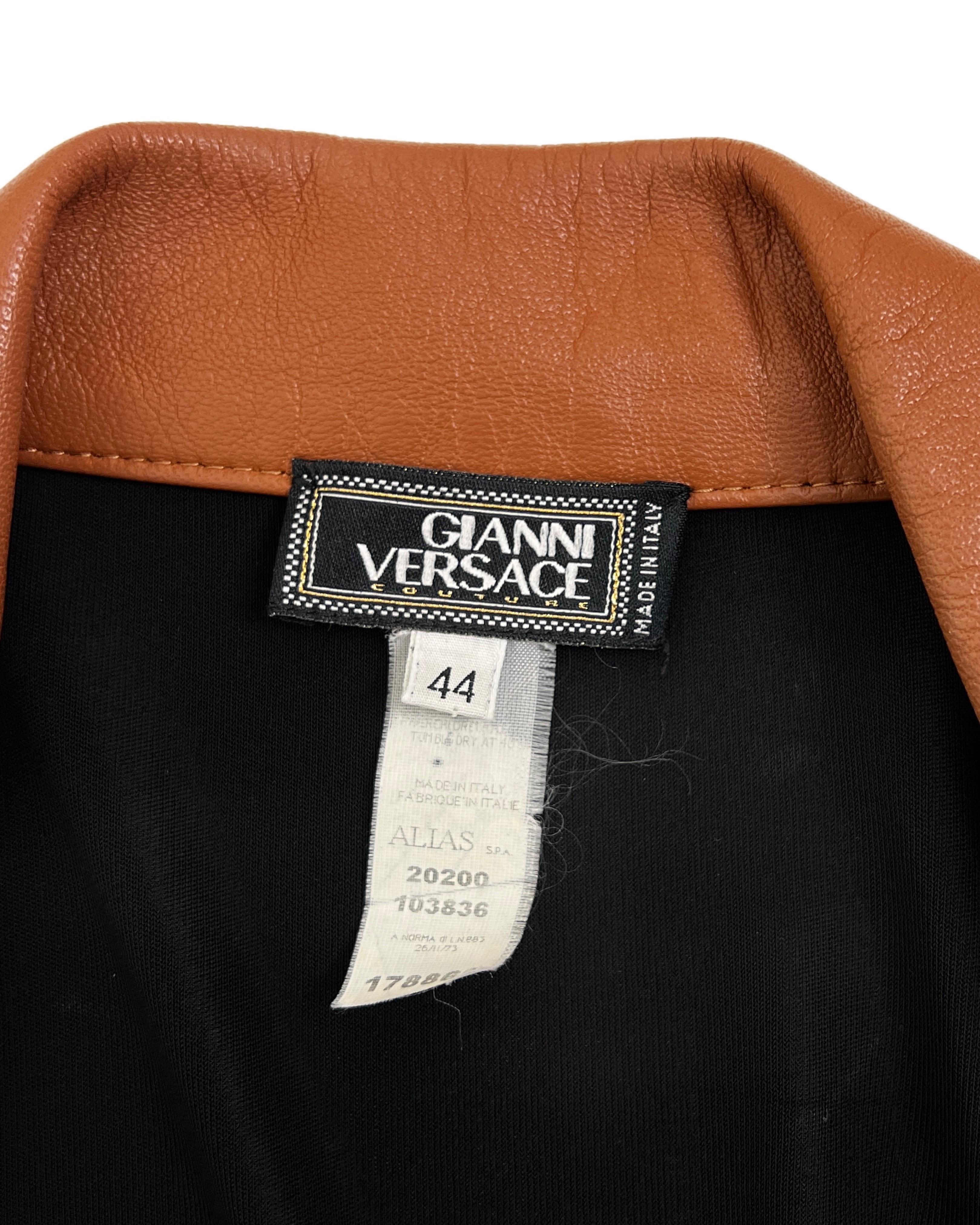 Versace Fall 2001 Black Jersey Tan Leather Plunge Neck Dress 4