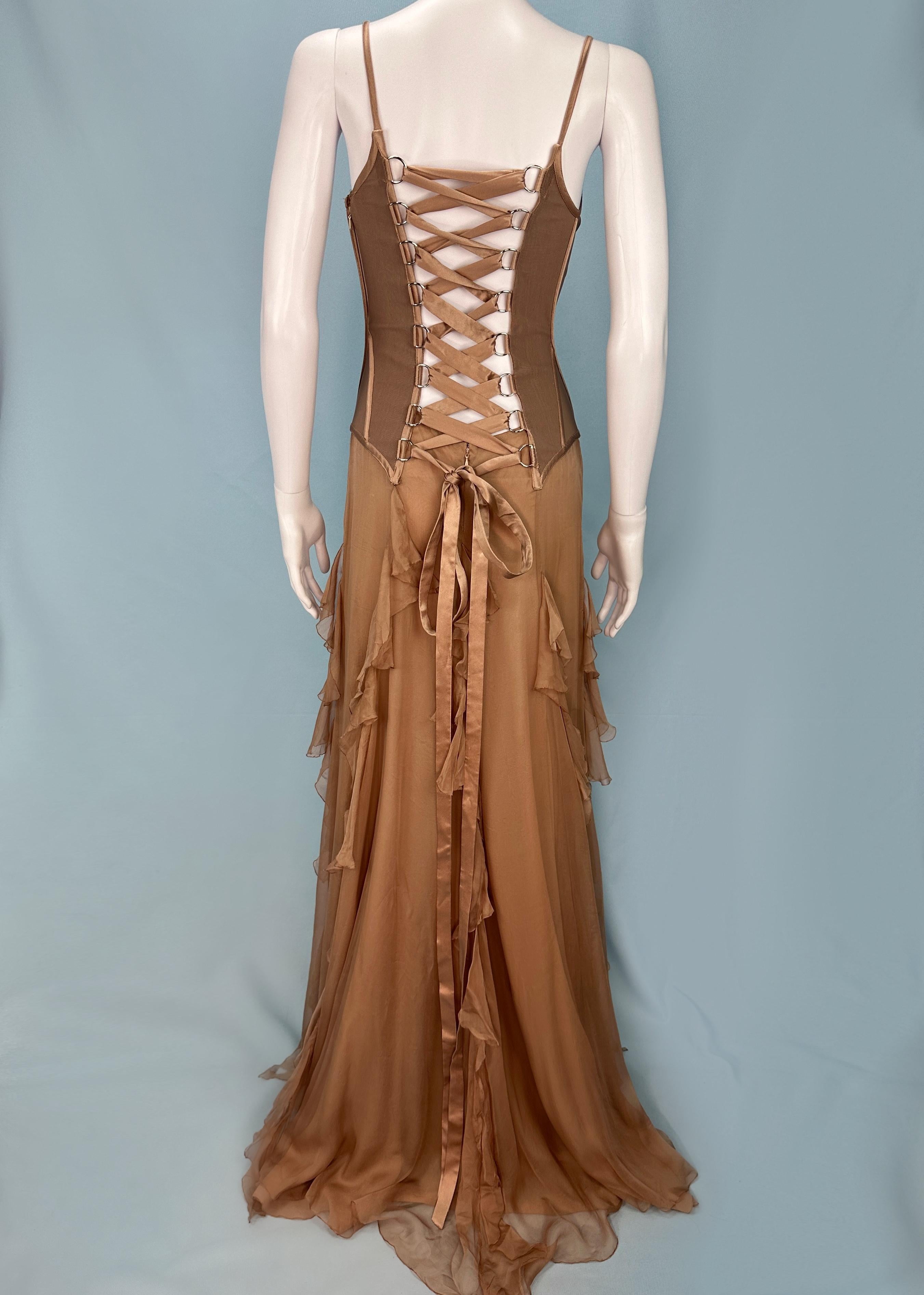 Versace Fall 2003 Runway Nude Silk Chiffon Lace Up Gown In Good Condition In Hertfordshire, GB