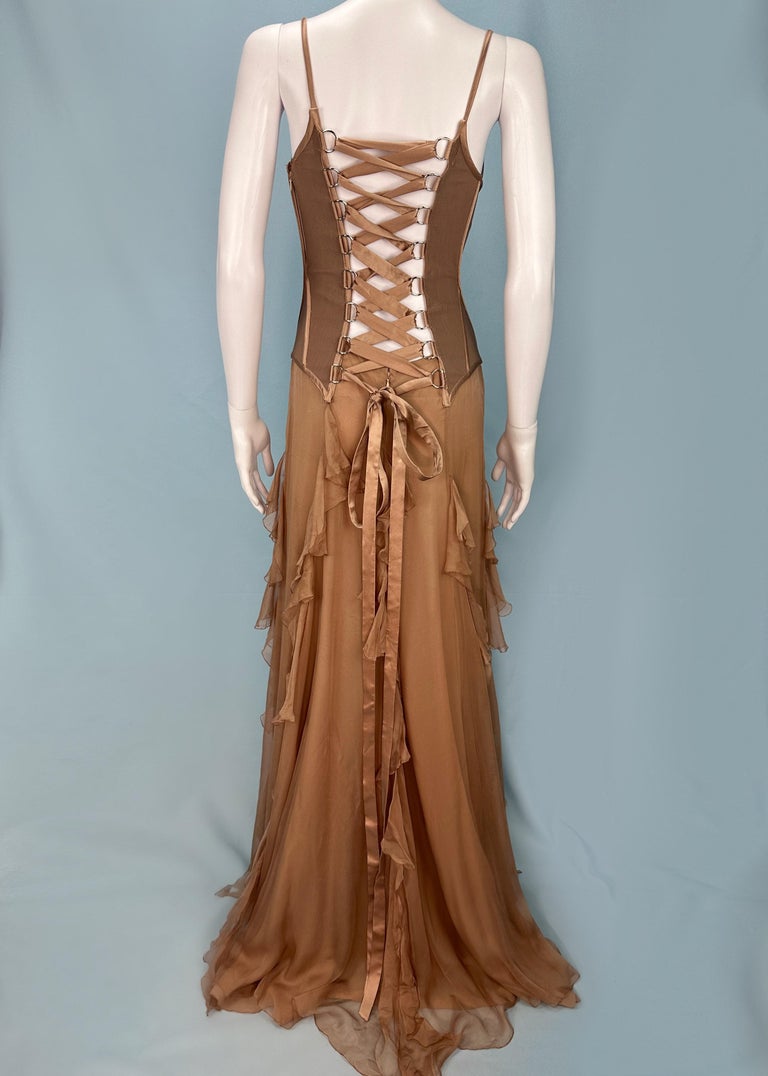 Versace Fall 2003 Runway Nude Silk Chiffon Lace Up Gown at 1stDibs