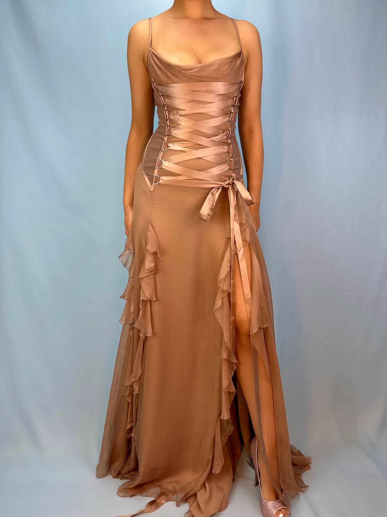 Women's Versace Fall 2003 Runway Nude Silk Chiffon Lace Up Gown
