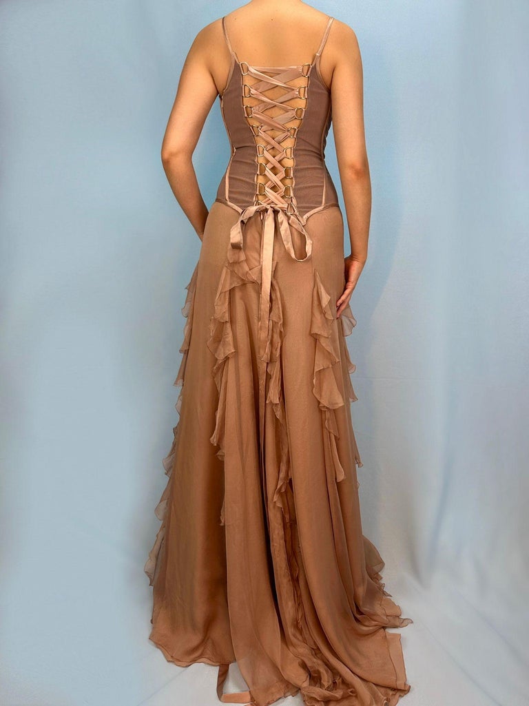 Versace Fall 2003 Runway Nude Silk Chiffon Lace Up Gown at 1stDibs
