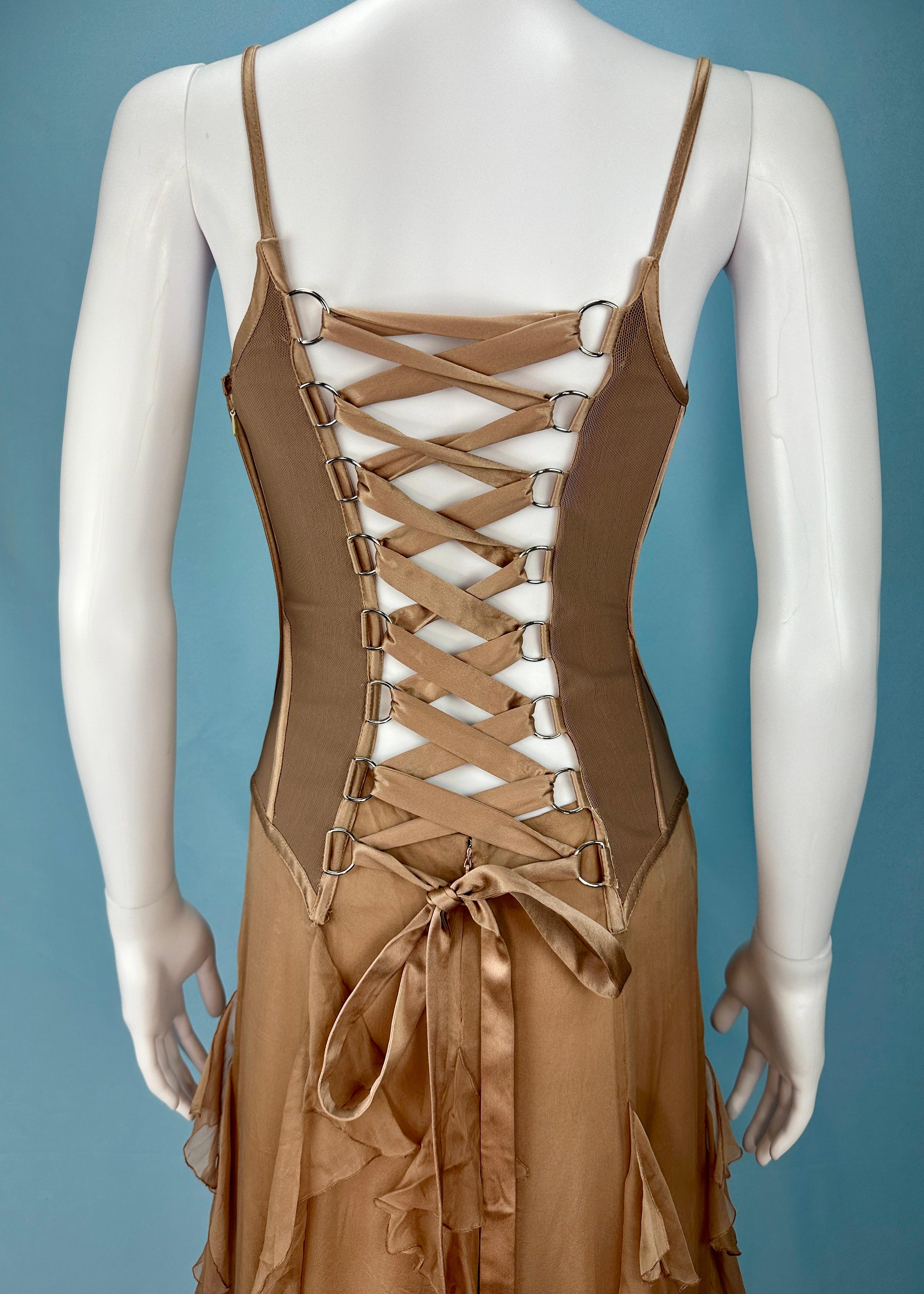 Versace Fall 2003 Runway Nude Silk Chiffon Lace Up Gown 3