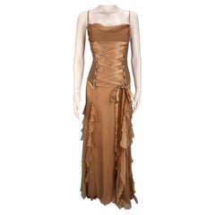 Versace Fall 2003 Runway Nude Silk Chiffon Lace Up Gown