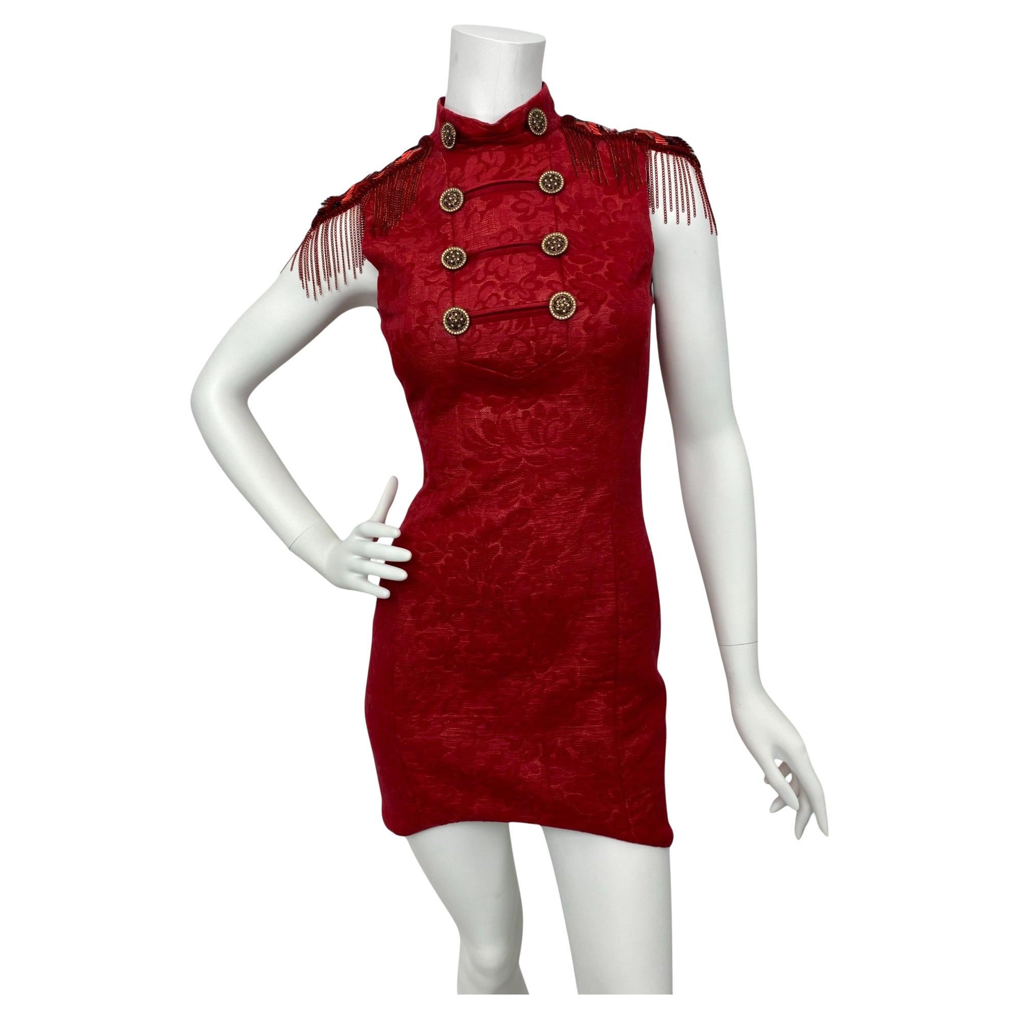 Versace Otoño 2014 Pasarela Look 15 - Mini Vestido Militar Tapiz Rojo Sz: 36-38 en venta