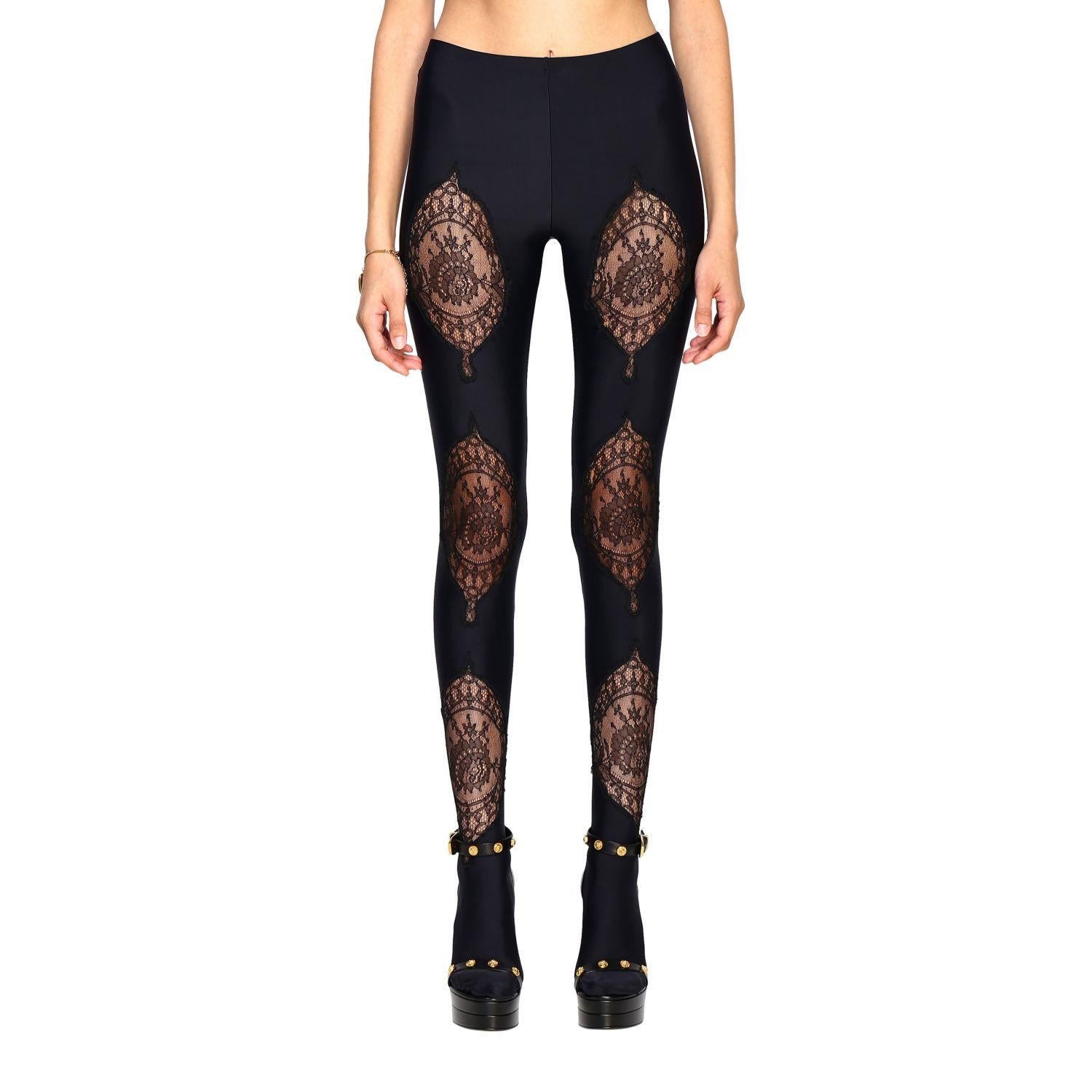 Versace Fall 2019 Runway Black Lace Panelled Jersey Leggings / Tights Size 1 2