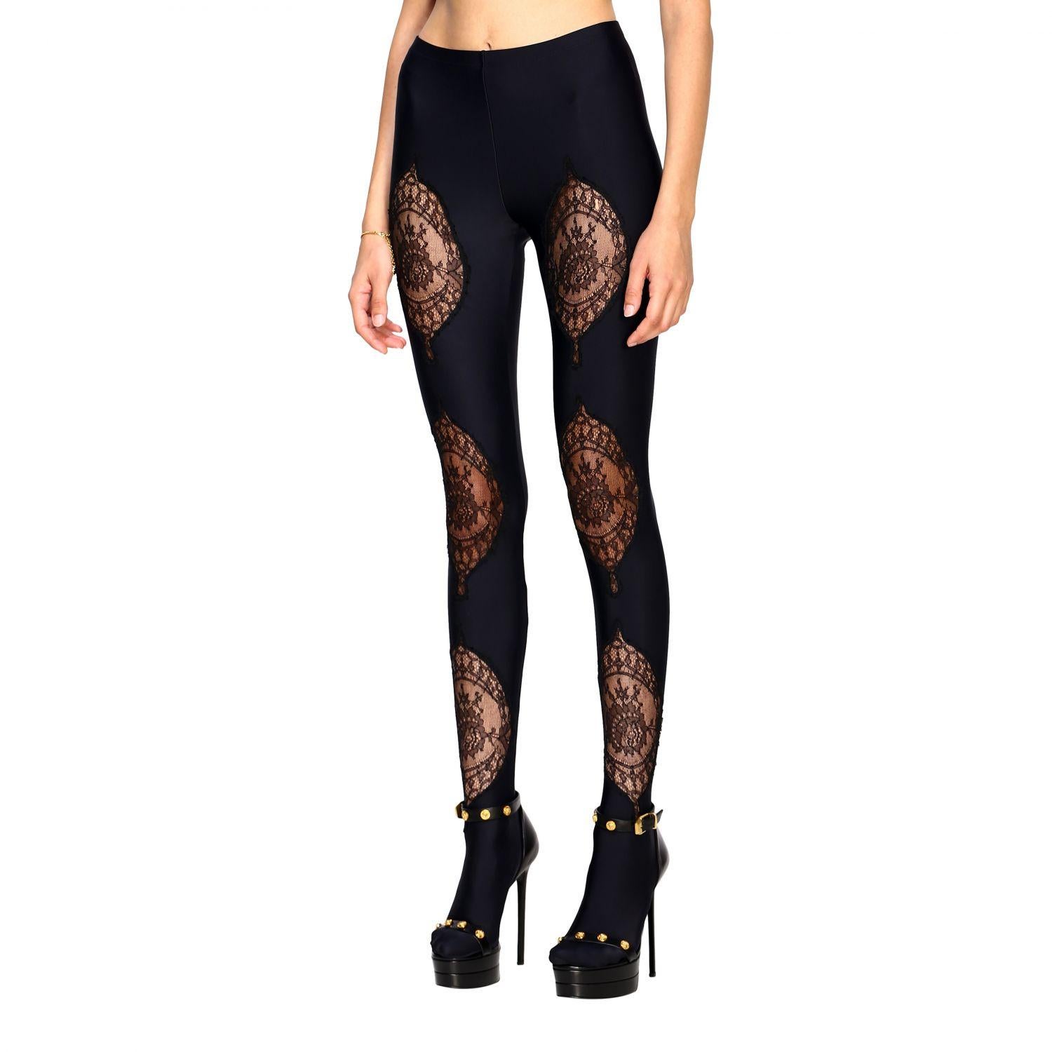 Versace Fall 2019 Runway Black Lace Panelled Jersey Leggings / Tights Size 2 5
