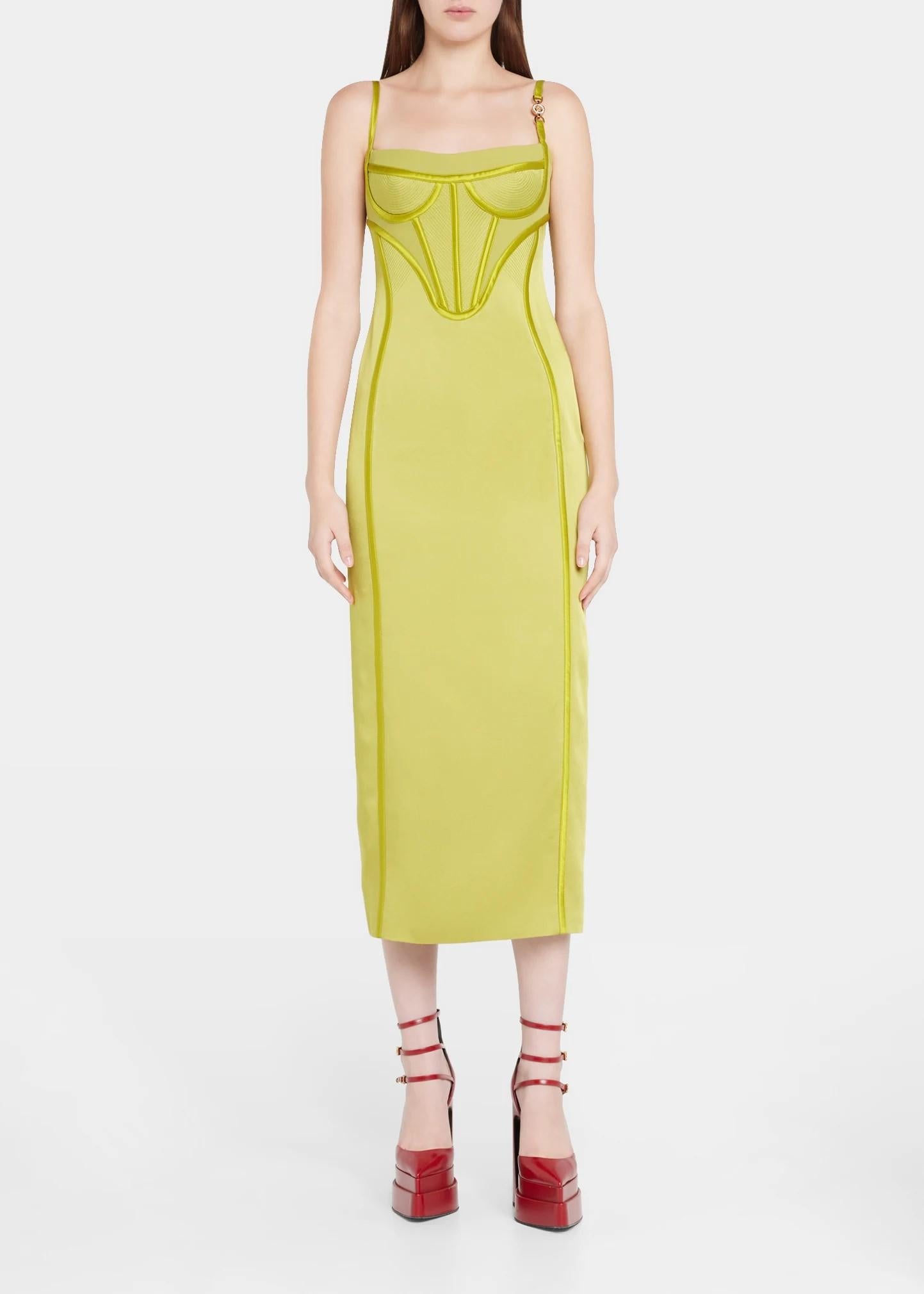 Orange Versace Fall 2022 Medusa Corset Enver Satin Midi Dress In Green IT 40 For Sale