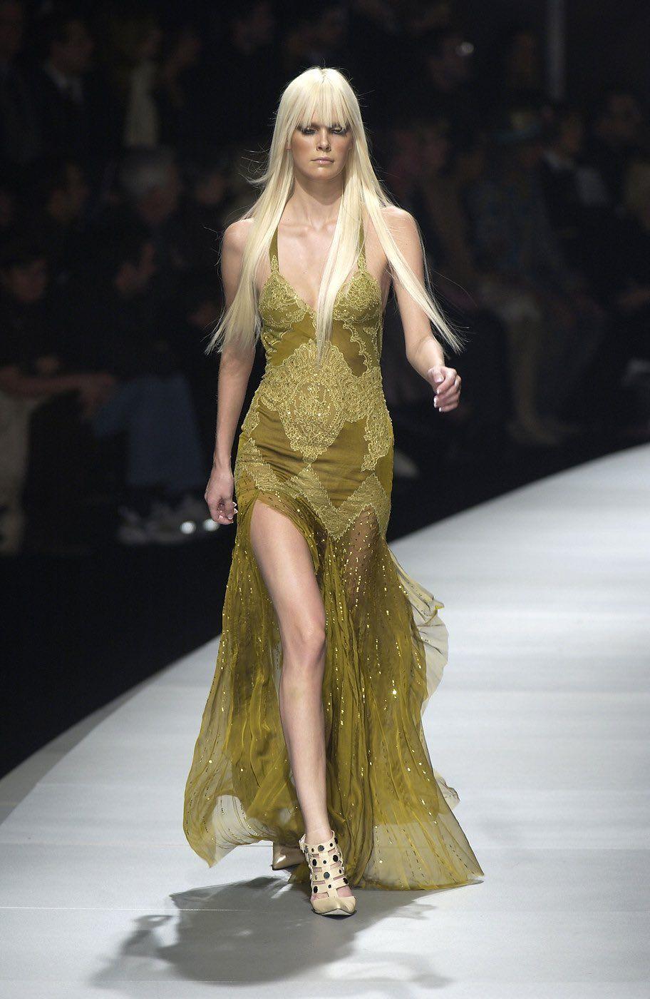 Versace by Donatella silk khaki green dress, from the Fall/Winter 2003 collection. As seen on the runway and editorial worn by Christina Aguilera, photographed by Steven Meisel. Features lace detailing and fully sequinned chiffon layered skirt.