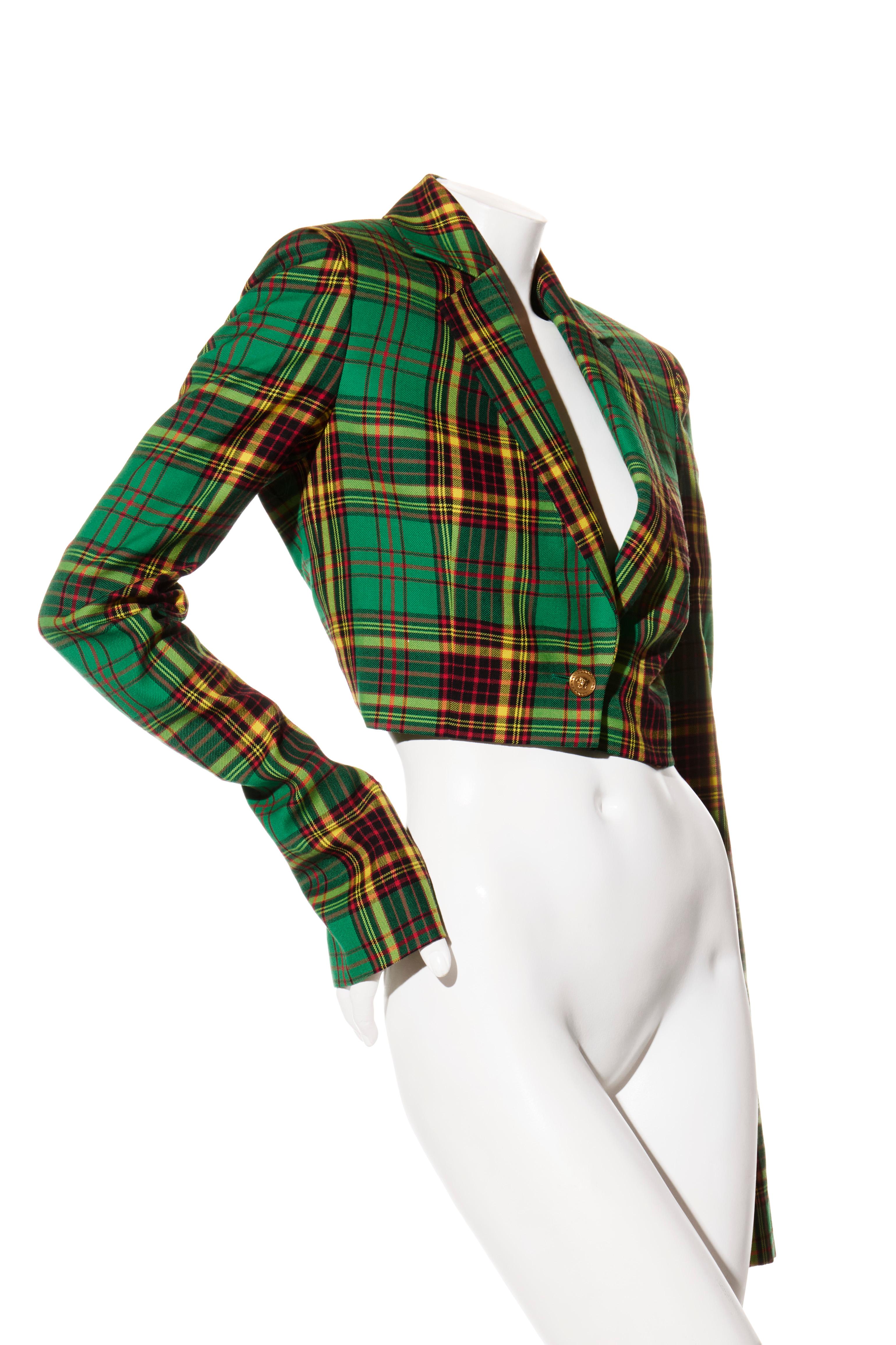 Versace Otoño/Invierno 2018 Chaqueta blazer recortada de tartán verde IT 38 Negro en venta