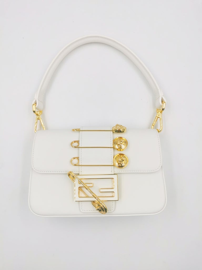 Versace Fendace Fendi Gold White Leather Baguette Shoulder Bag For Sale at  1stDibs