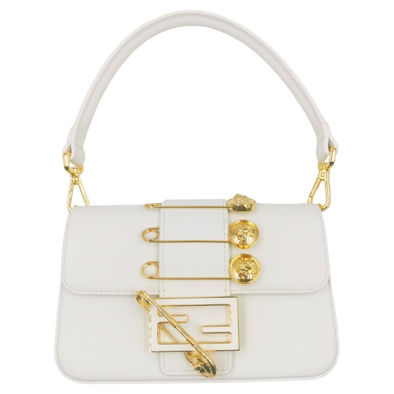 Versace Fendace Fendi Gold White Leather Baguette Shoulder Bag For Sale