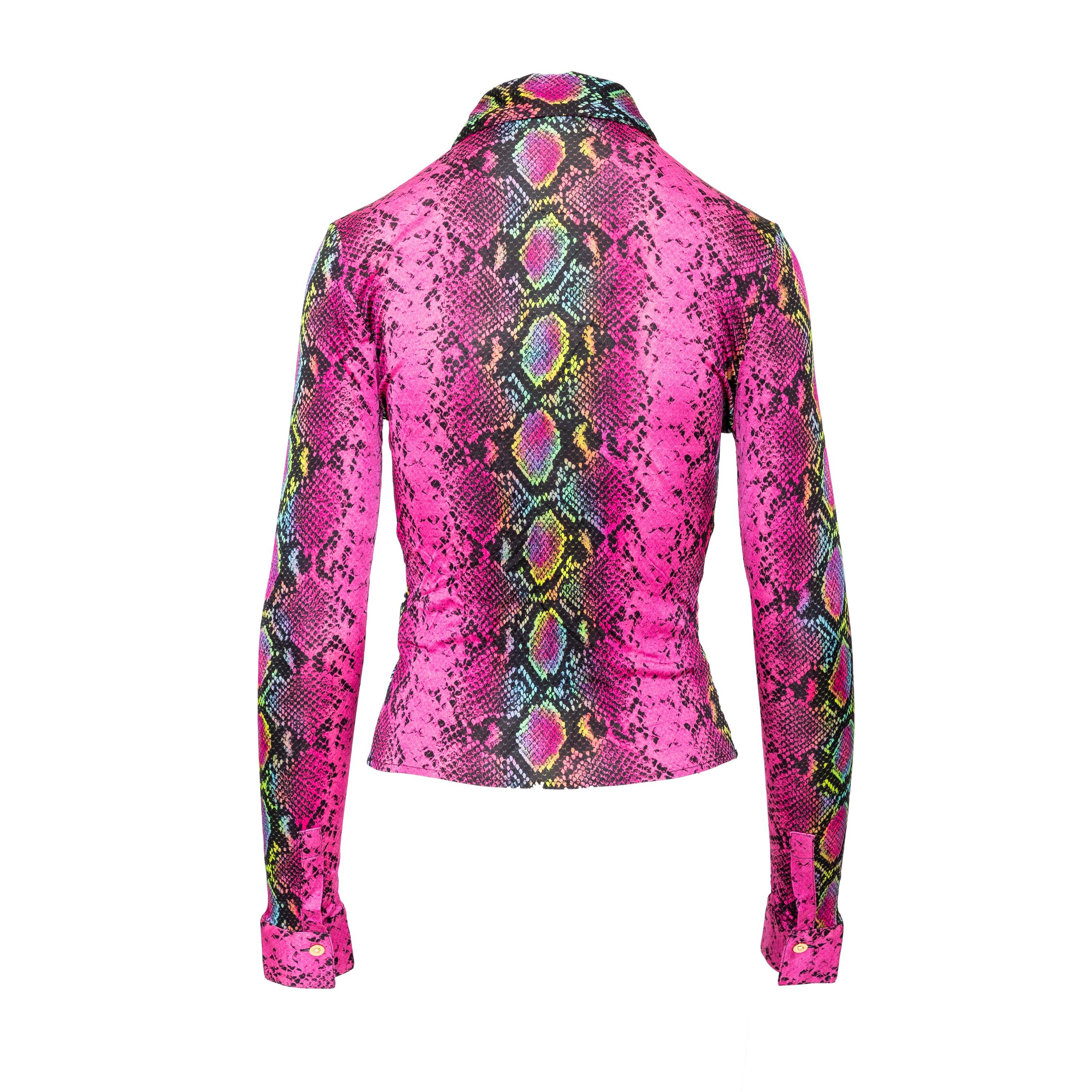 Enhance your wardrobe with the Versace Fitted Snake Print Shirt. Made of high-quality viscose, this shirt features a striking pink and multicolor snakeskin print. The ruched fitted silhouette accentuates your figure while the golden Medusa head