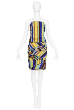 Versace Floral And Stripes Strapless Bustier And Skirt Ensemble