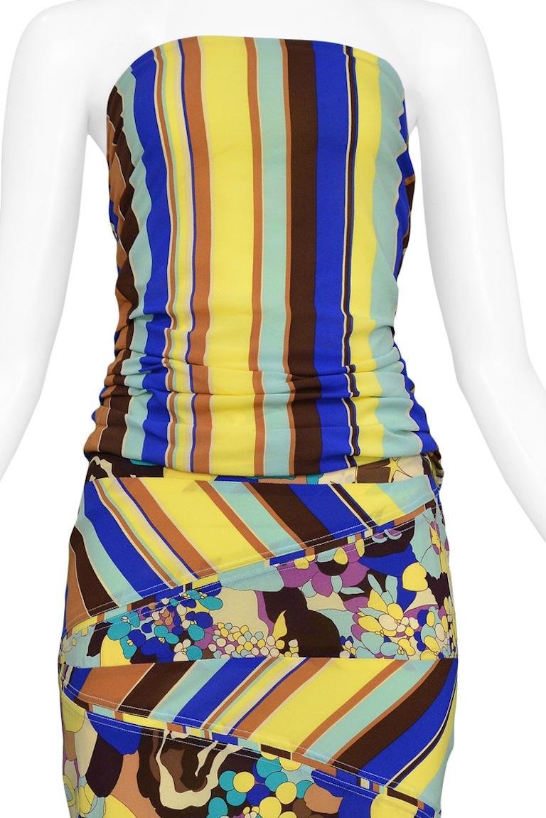 Beige Versace Floral And Stripes Strapless Bustier And Skirt Ensemble For Sale