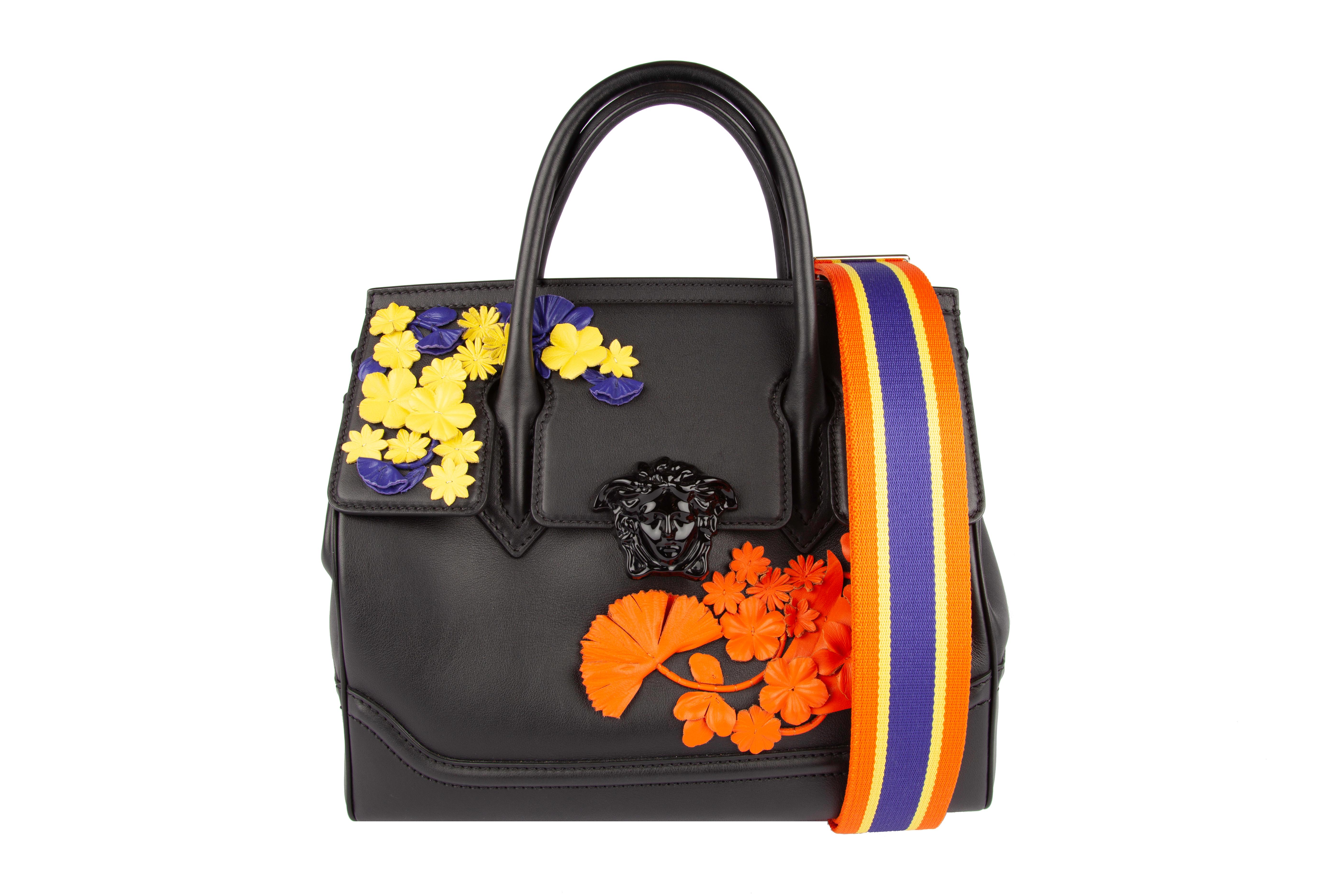 Black Versace Floral Medusa Leather Palazzo Empire Bag w/ 2 Detachable Shoulder Straps
