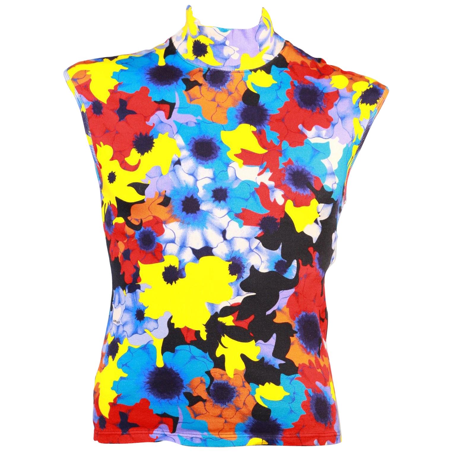 Versace Floral Military Print Sleeveless Ribbed Knit Turtleneck T-Shirt ...