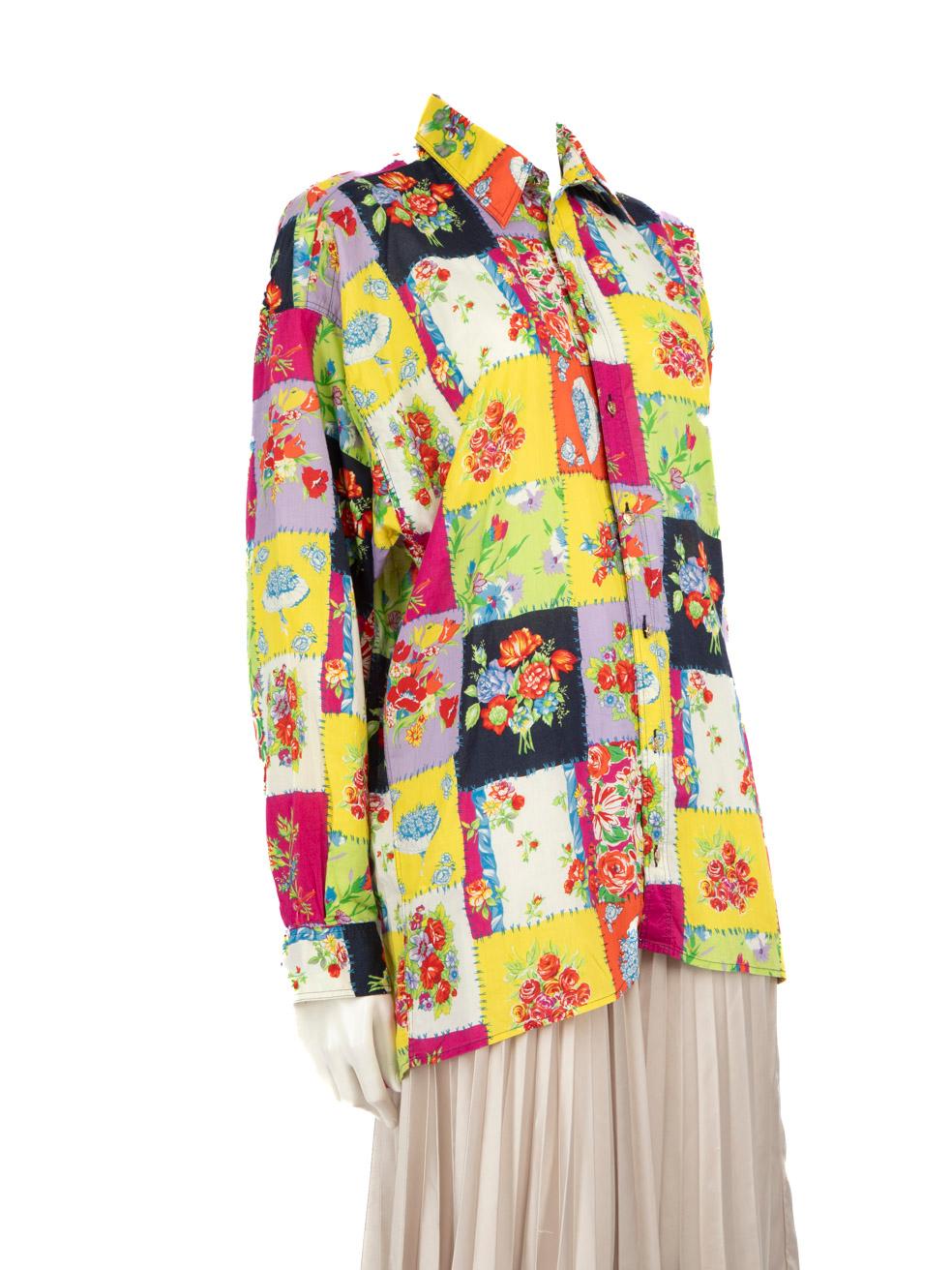 CONDITION is Never worn. No visible wear to the shirt is evident on this new Versace designer resale item. Composition label is missing.
 
 
 
 Details
 
 
 Multicolour
 
 Cotton
 
 Shirt
 
 Floral patchwork print
 
 Long sleeves
 
 Buttoned cuffs

