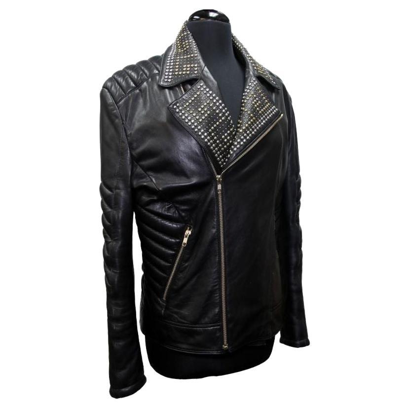 Versace for H&M Black L Womens Gold Studded Limited Moto Biker Lambskin Jacket