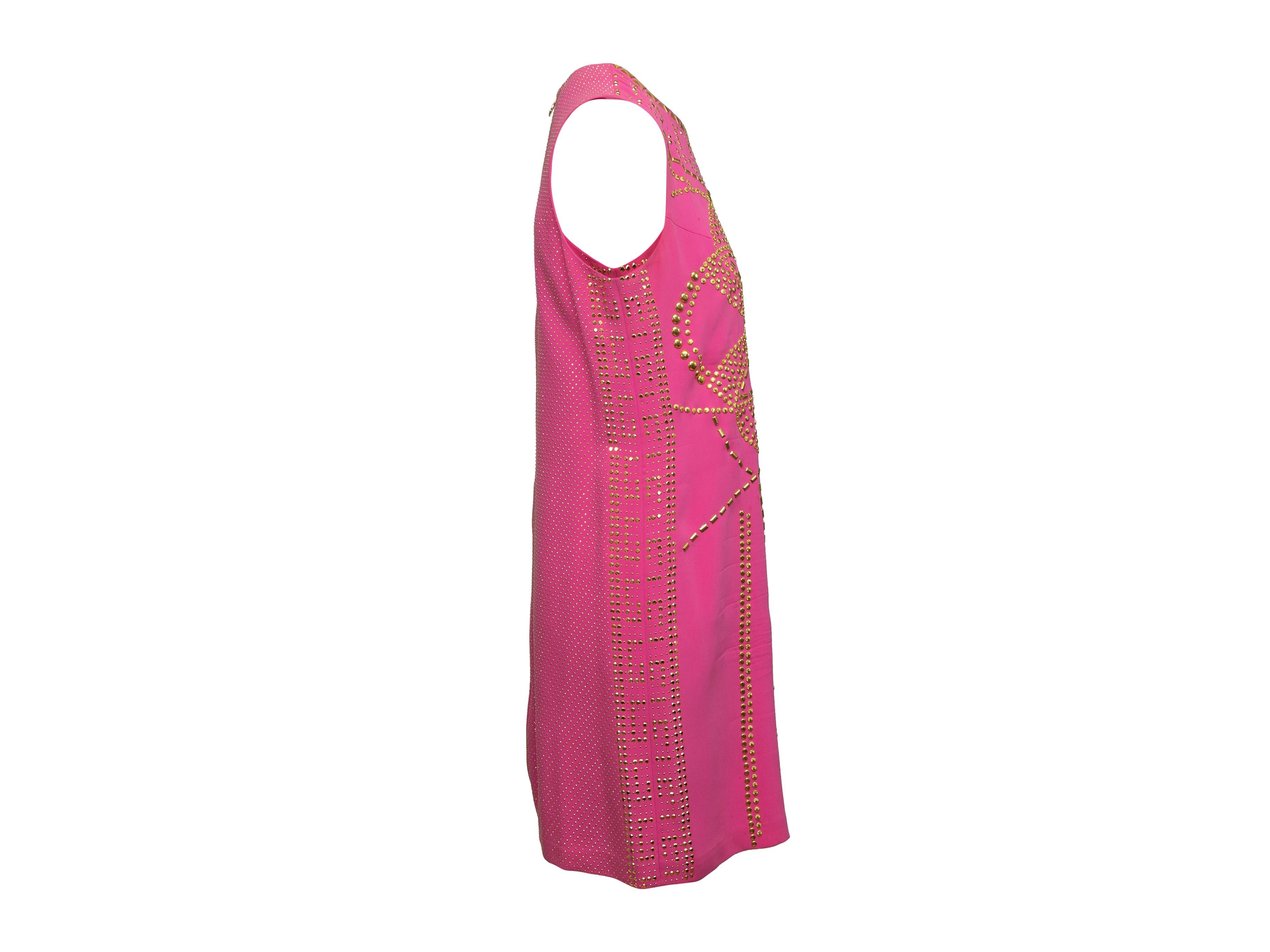 Product details: Hot pink sleeveless dress by Versace for H&M. Gold-tone stud embellishments throughout. Crew neck. Exposed zip closure at center back. 34