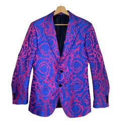 Versace Giacca Blazer in seta barocca blu e fucsia EU 46