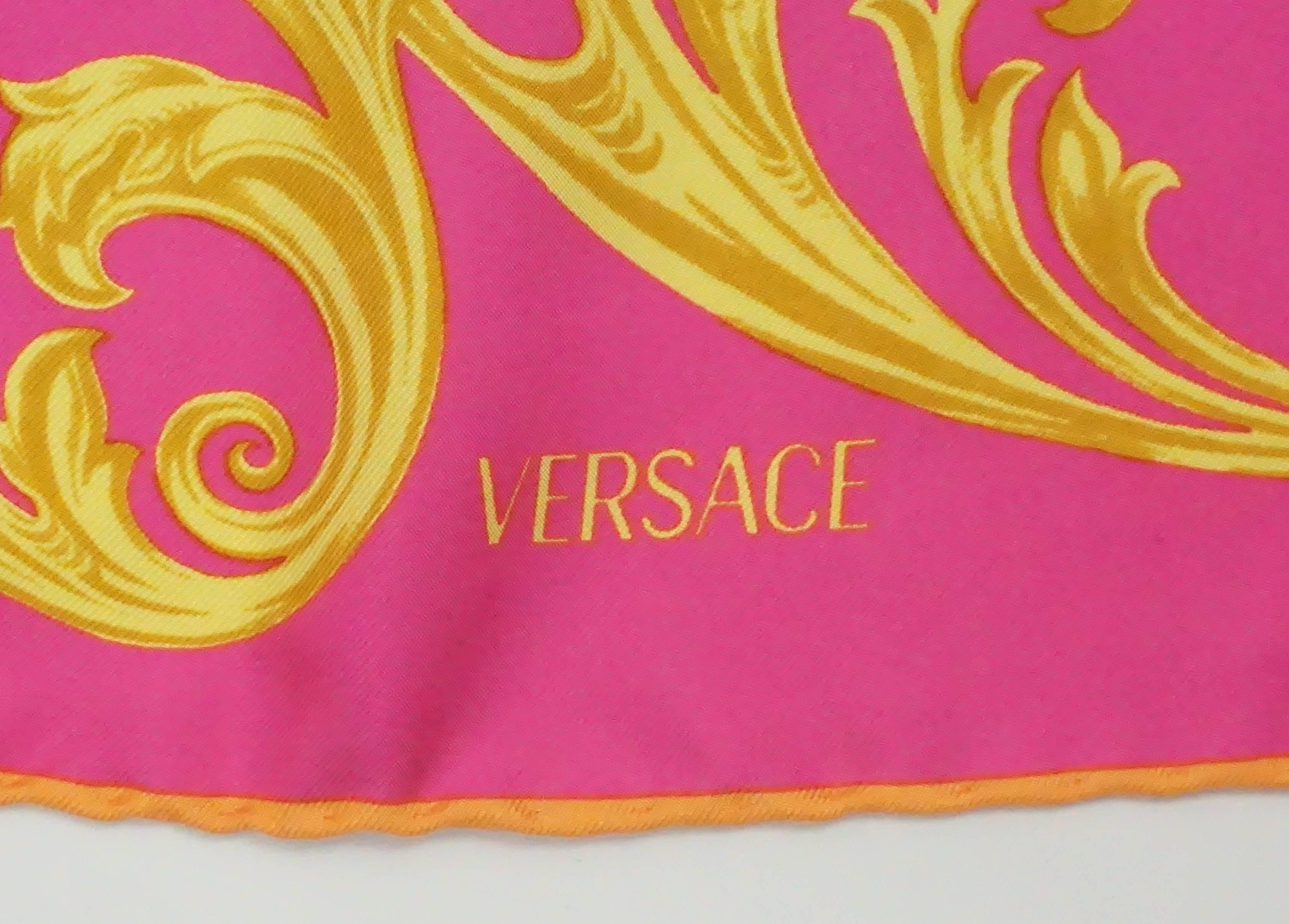 Versace Fuchsia and Multi Floral Print Scarf  In Excellent Condition In West Palm Beach, FL