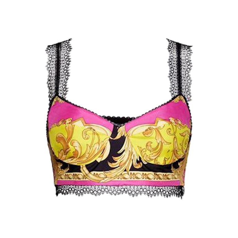 Versace Fuchsia Barocco Femme Print Lace Bralette / Bustier Top Size 38