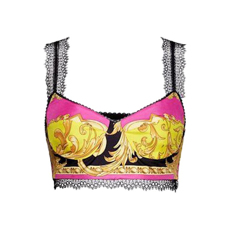 Versace Fuchsia Barocco Femme Print Lace Bralette / Bustier Top Size 42 at  1stDibs