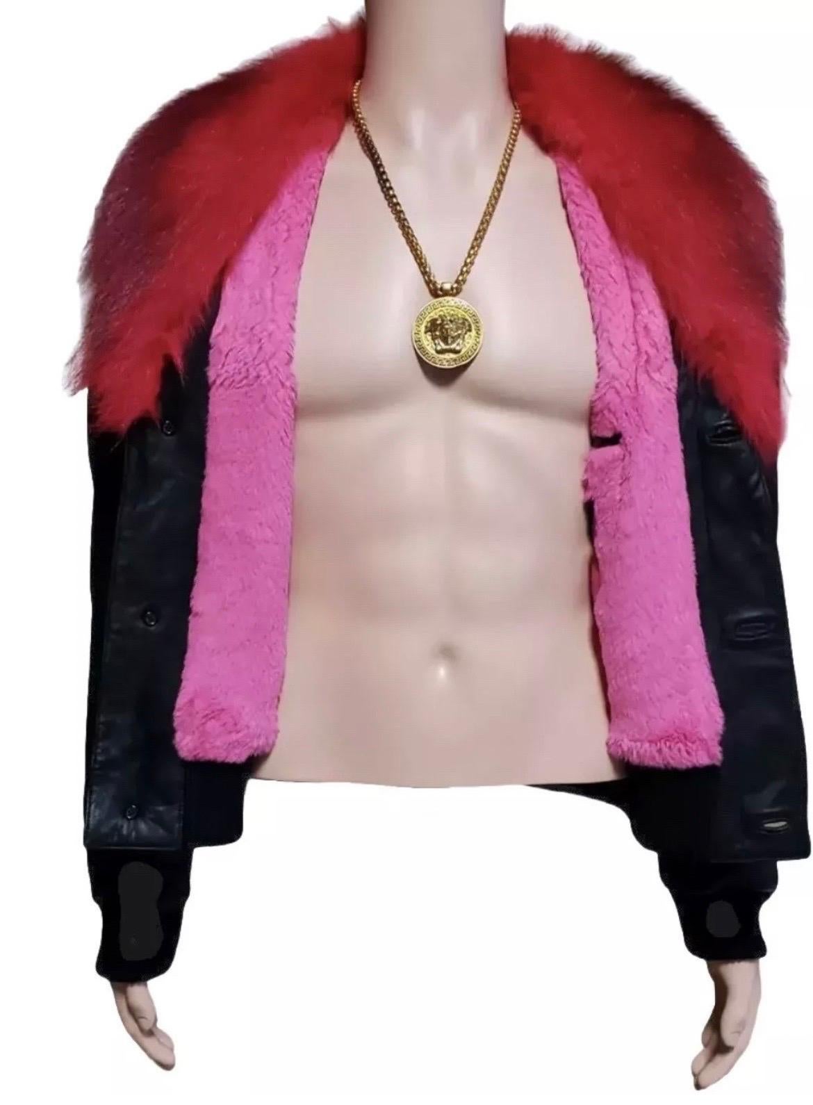 Men's Versace Fur Lined Black Leather Jacket for Men For Sale