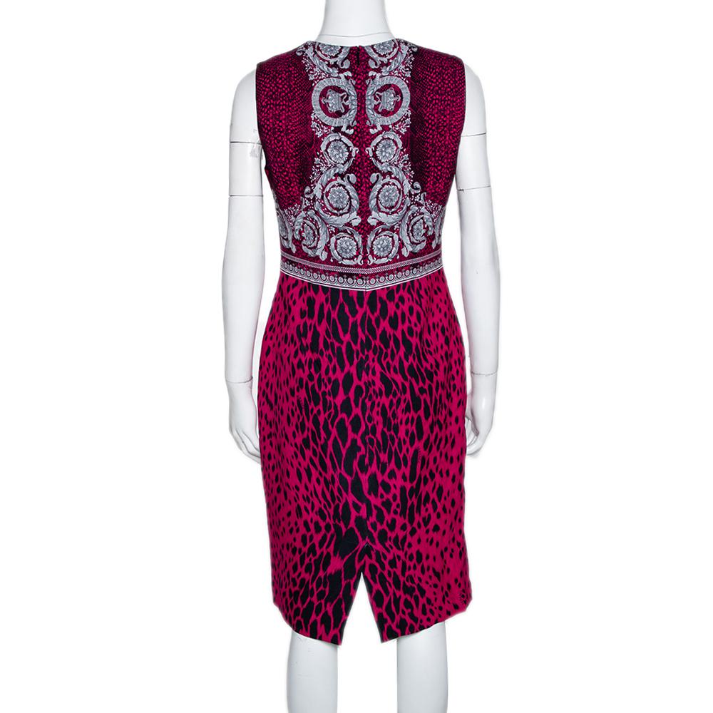 Versace Fuschia Pink Animal & Baroque Print Sheath Dress M In Good Condition In Dubai, Al Qouz 2