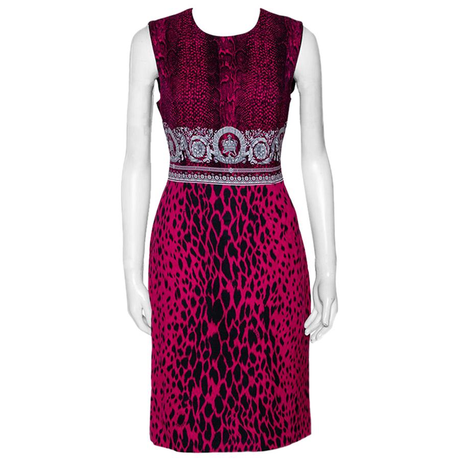 Versace Fuschia Pink Animal & Baroque Print Sheath Dress M
