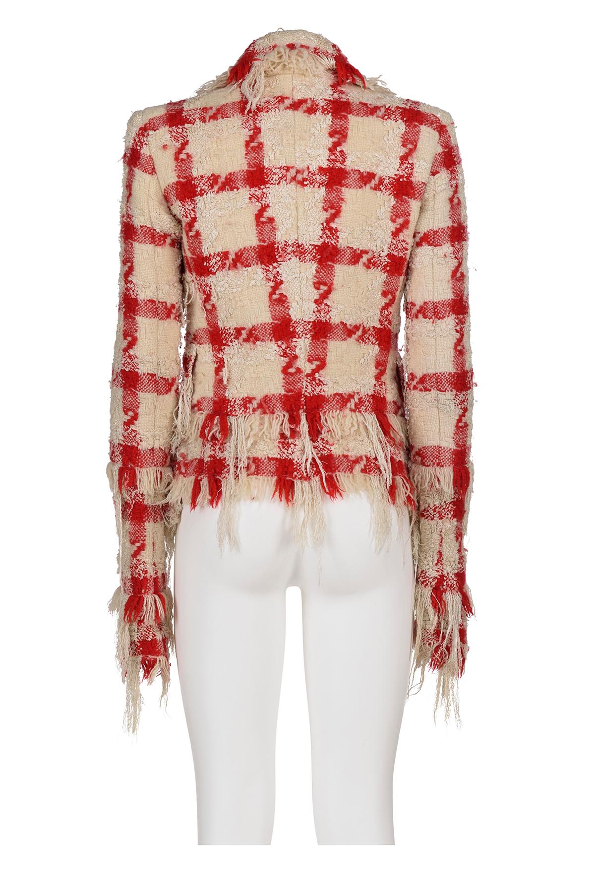 Iconic and rare Fall Winter 2004 double breast tartan fringed jacket by Donatella Versace
Medusa buttons
Fully lined
No composition tag, wool